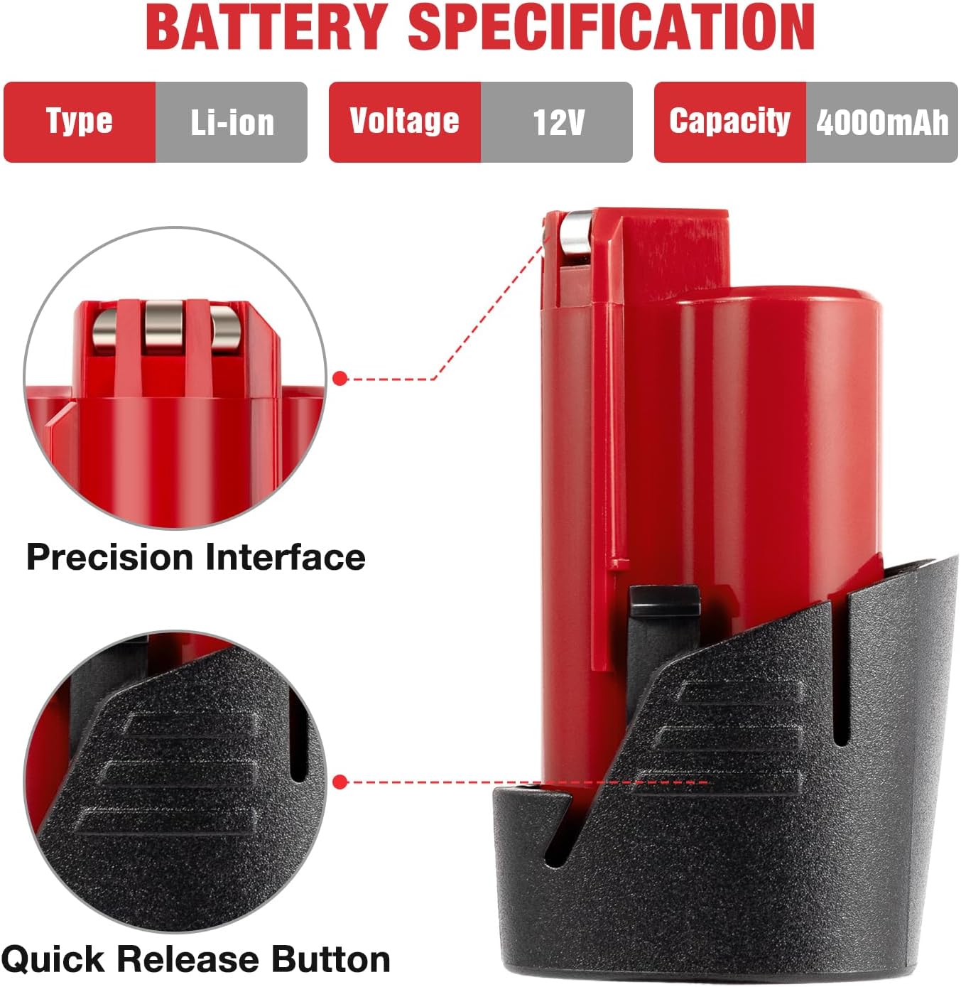Upgraded 4.0Ah 2Packs Replacement for Milwaukee M12 12V Lithium Ion Battery, Compatible with Milwaukee 12V Tools / Heated Jacket 48-11-2420 48-11-2440 48-11-2402 48-11-2411 Cordless Power Tools - Image 4