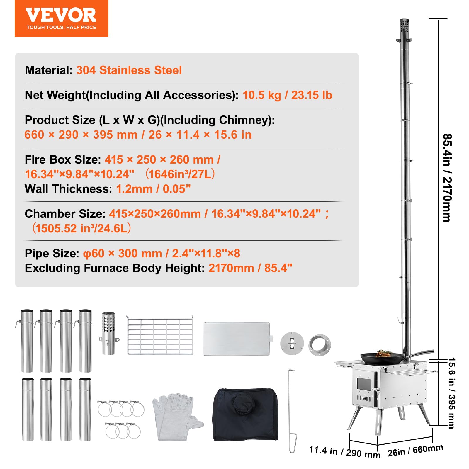 VEVOR Estufa de leña, 86 pulgadas, estufa portátil de acero inoxidable para tienda de campaña con 8 tubos de chimenea y guantes, estufa caliente de 1646 pulgadas³ para cocinar y calentar al aire libre