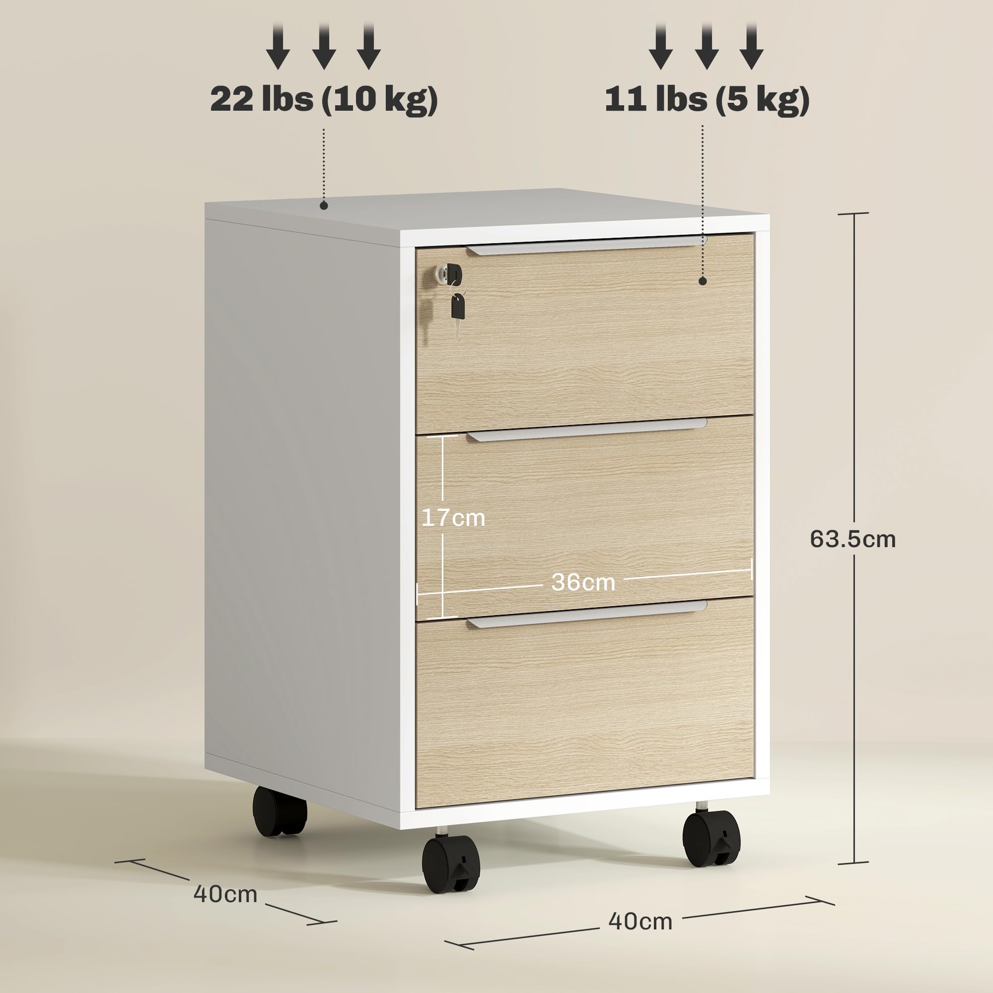 HOMCOM Schedario da Ufficio con 3 Cassetti, 4 Ruote, Cassettiera Ufficio con Serratura e 2 Chiavi per Lettera/Formato A4, Armadietto Verticale per Studio, 40x40x63.5 cm, Bianco e Rovere