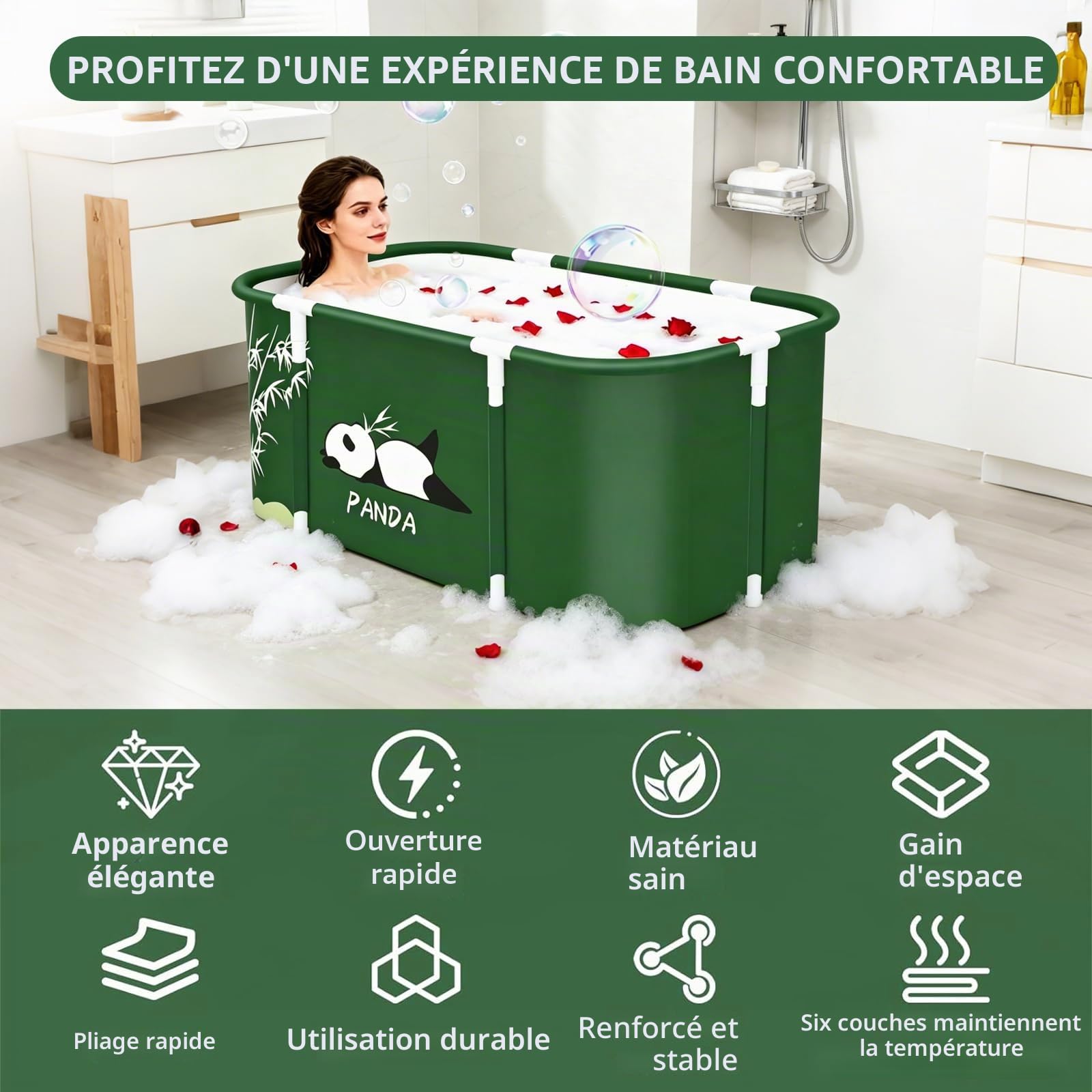Baignoire Pliante pour Douche, Baignoire Portable Pliable pour Adultes avec Coussin et Dossier, Chaude et Froide, Idéal pour Spa à Domicile et Douche,120 x 55 x 50 cm (Vert)
