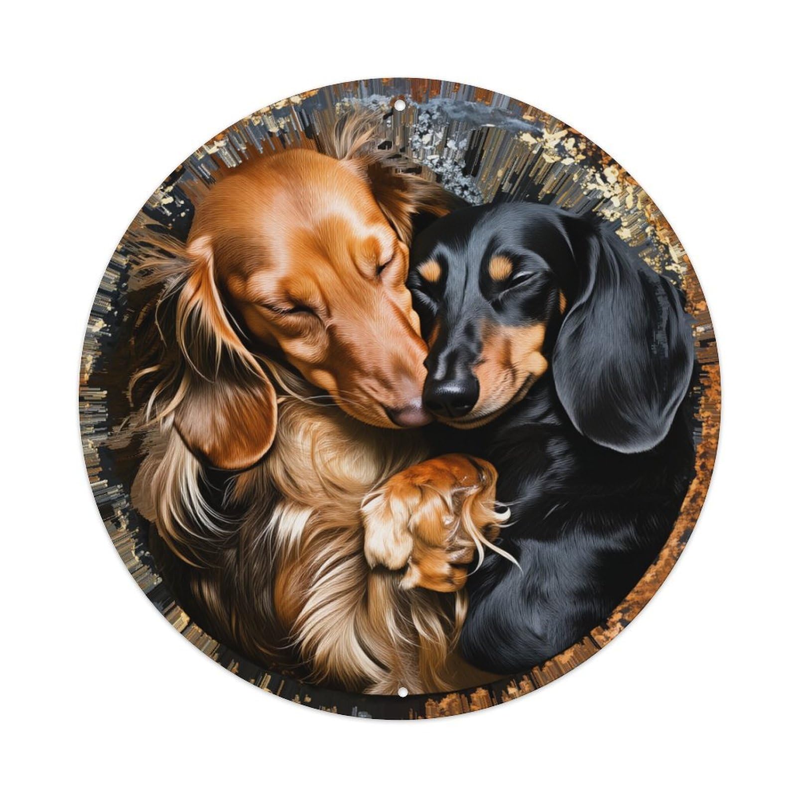 Dachshund Pair Snuggling Together Peacefully Round Tin Sign Retro Metal Sign for Cafe Bar Pub Home Game Room Gym Club Wall Decoration Vintage Metal Poster 8x8 Inch