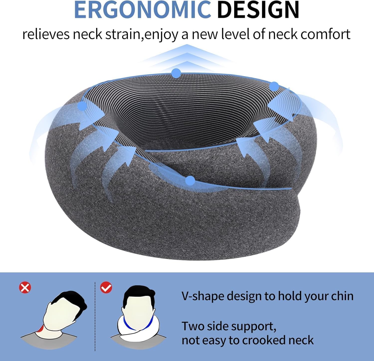 Neck Pillow Airplane, Travel Pillows for Airplanes, Memory Foam Adjustable Portable Neck Pillow for Traveling, Car Rides, and Home Use (Dark Gray)