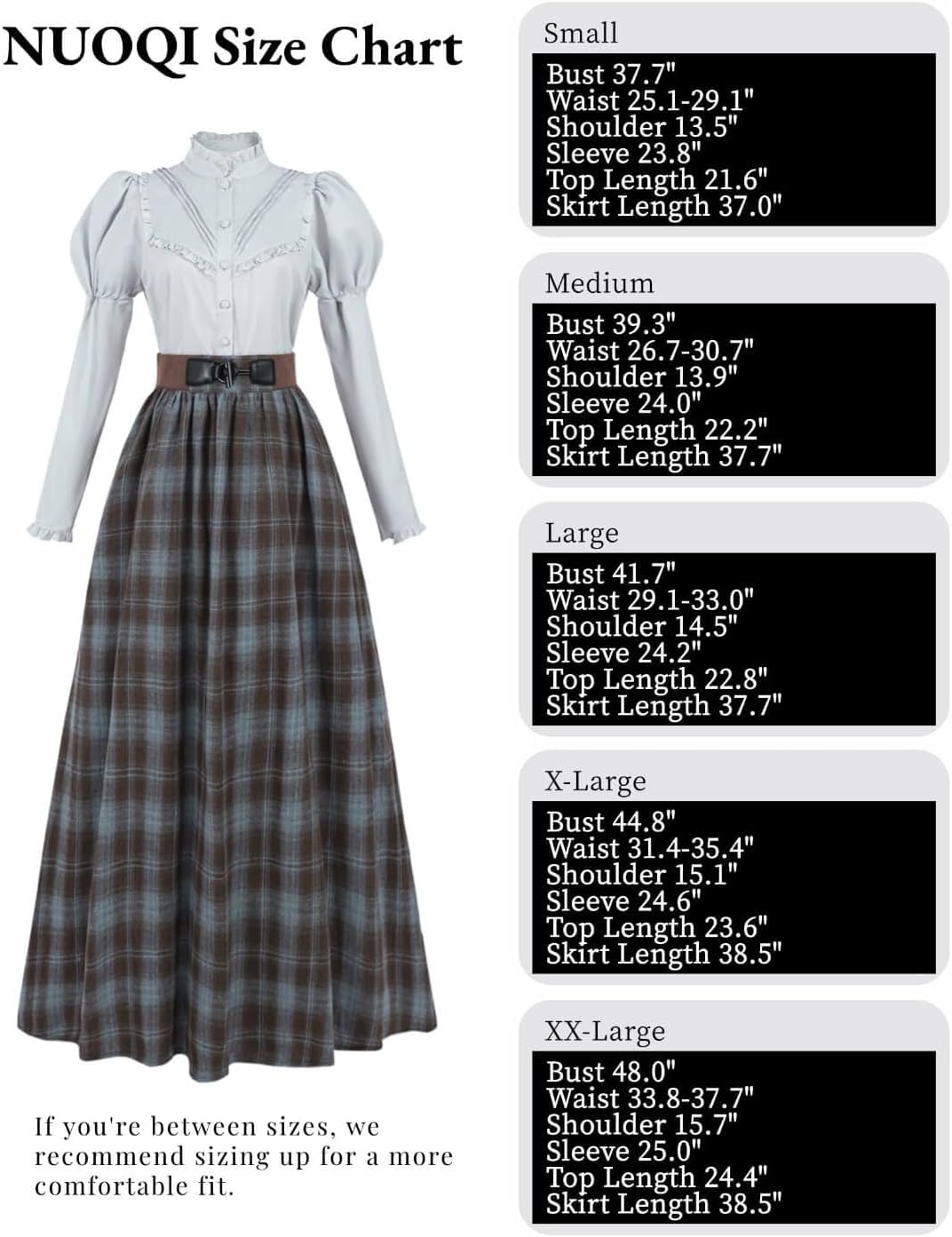 Nuoqi Edwardian Dress for Women 2 Piece 1800s Victorian Costume Blouse with Plaid Skirt - Image 5
