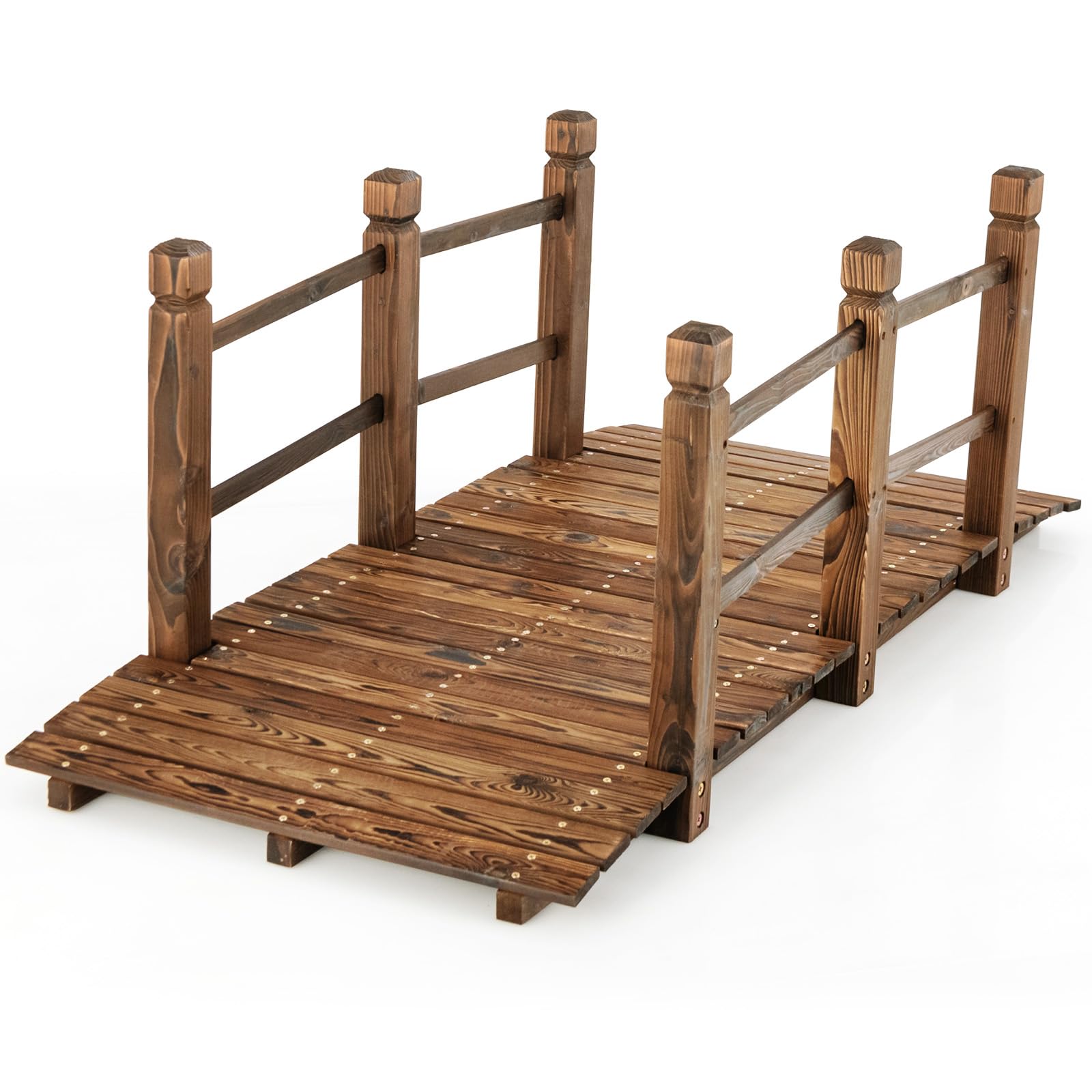 COSTWAY Pont de Jardin en Bois de Sapin Carbonisé Charge Maximale 150KG, Pont sur Étang 150 x 67 x 55 cm avec Double Garde-Corps de Sécurité, Décoration du Jardin pour Patio Cour (Marron foncé)