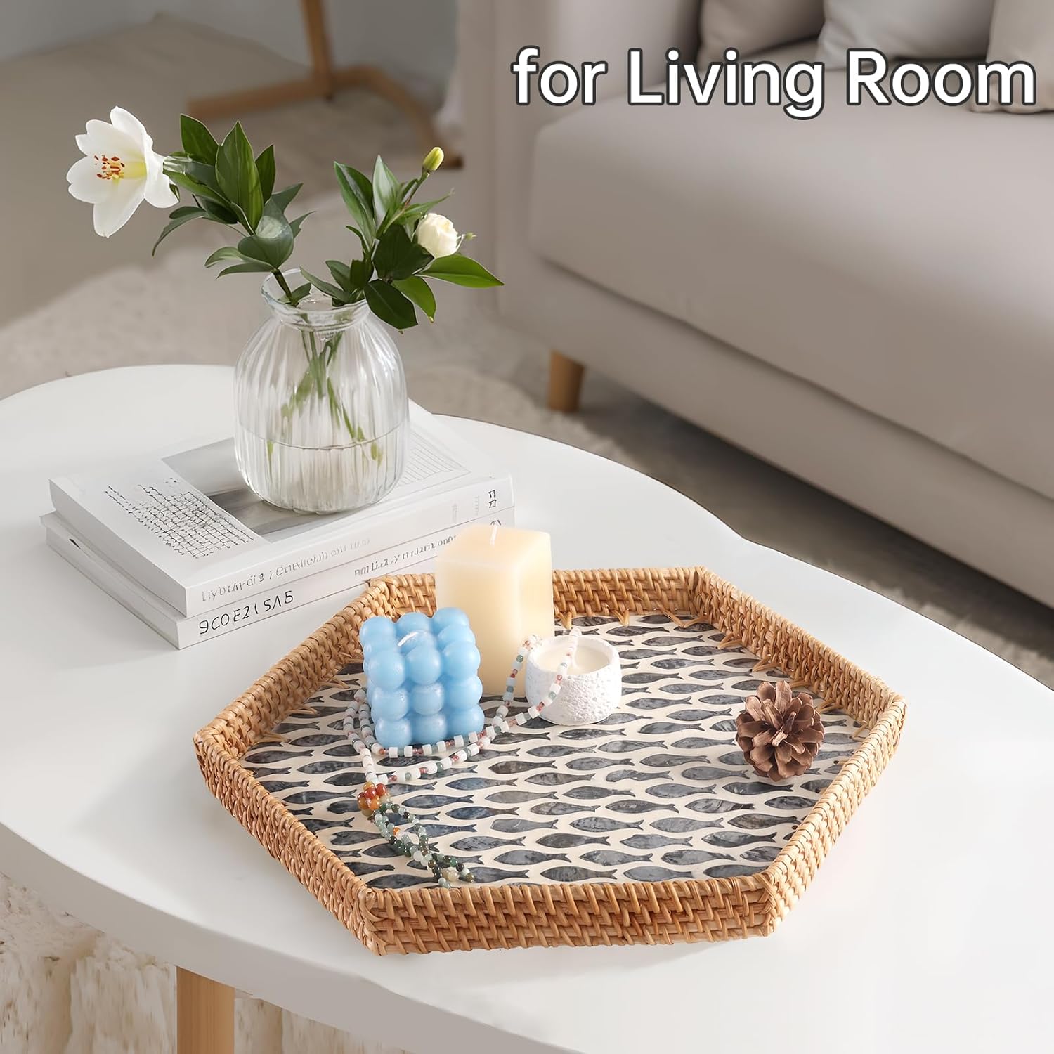 Hexagon Rattan Tray with Mother of Pearl Inlay, Rattan Serving Tray for Coffee, Bread, Fruits, Snacks, Decorative Wicker Tray for Table Decor, Home Decor (Little Bluefish, 14.5"×12.8") - Image 7