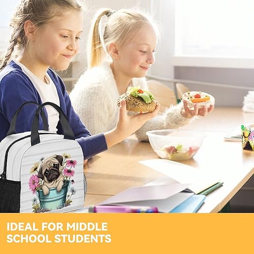 Miniatura 8 de Lonchera de pug para niños, lonchera aislada para niñas y niños, lindas bolsas de almuerzo blancas reutilizables, pequeña con bolsillos, bolsa de