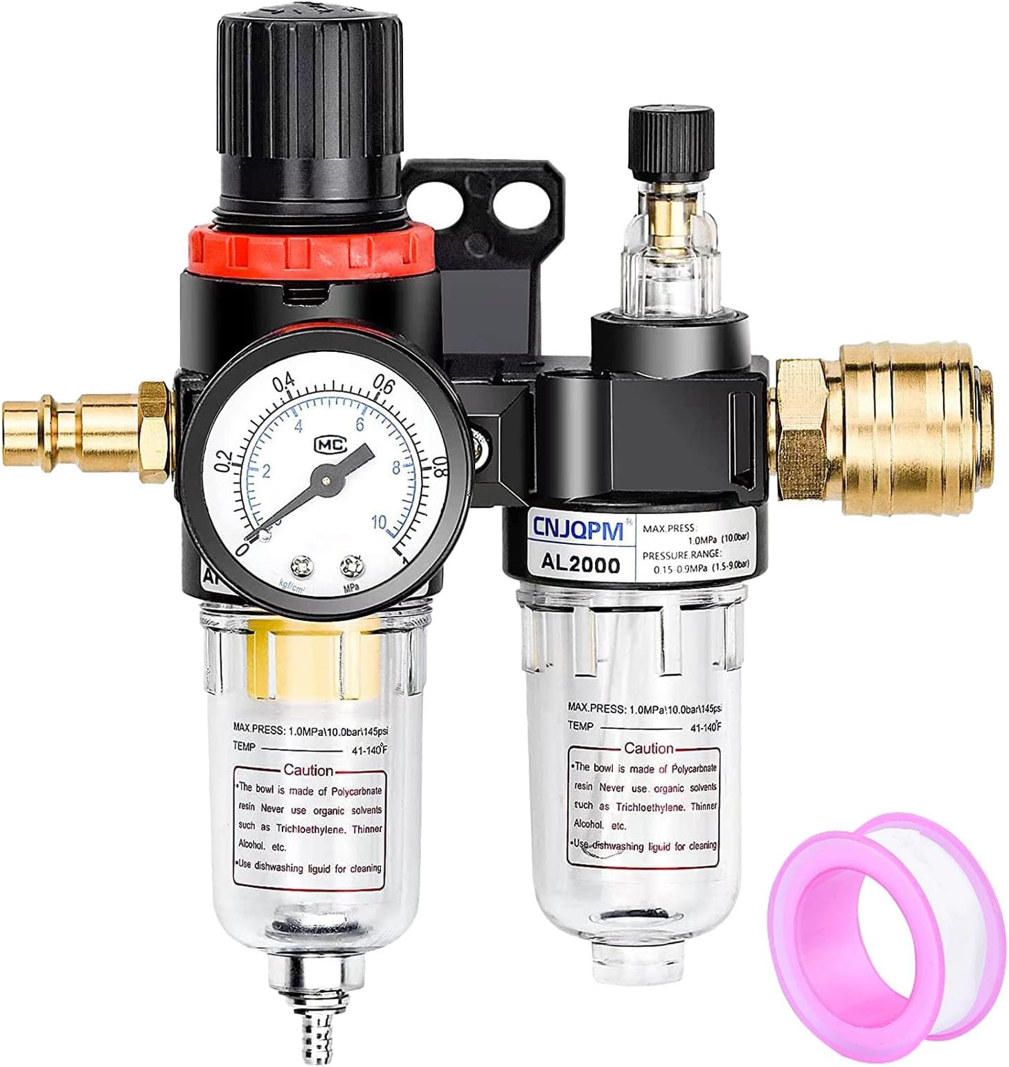 Pressure Regulator Compressed Air, Water Separator Compressed Air 1/4 Inch with Pressure Gauge and Quick Couplings, Pressure Regulator Compressor, Compressor Water Separator for Compressed Air Filter