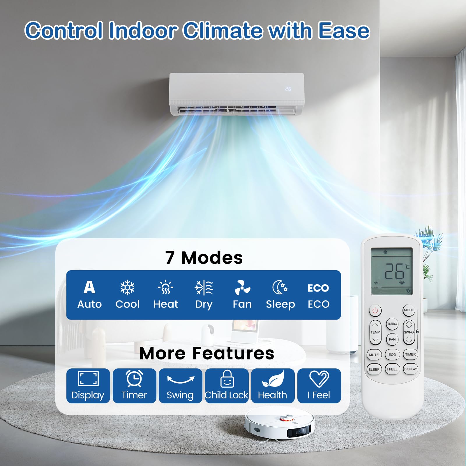 SOARS Climatiseur Reversible 9000 BTU R32 A++, Climatiseur Mural Split Eco avec Fonction Chauffage/Refroidissement/Déshumidification, 7 Modes, 8 Vitesse de Vent, Minuterie 24H, Accessoires Incluses