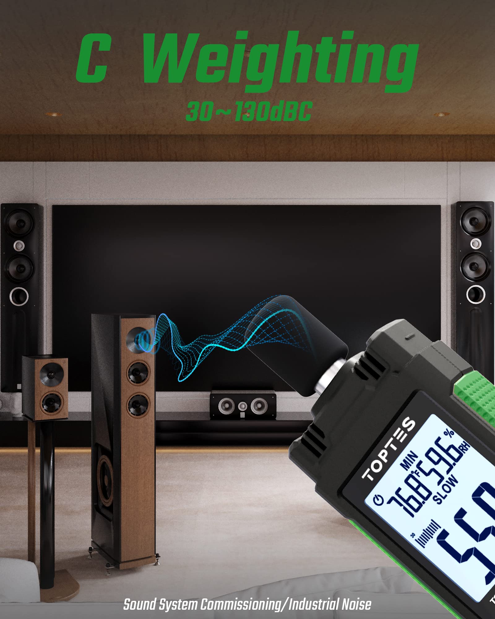 Decibel Meter, TopTes TS-501B Sound Level Meter with 2.25” Backlit LCD Screen, A/C Weighted, Range 30-130dB, Temperature & Humidity, MAX/MIN, Data Hold, Use for Home, Noisy Neighbor, Factory - Green — Amazon image 2