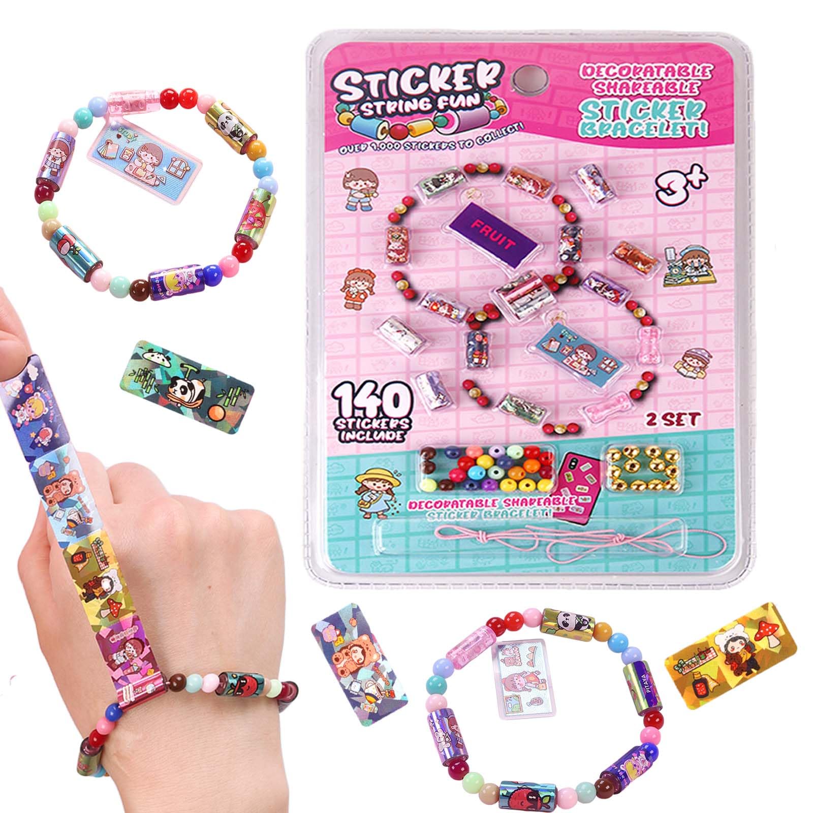 Afufu Sticker Bracelet Making Kit for Girls Age 3+, 140 Mini Holographic Stickers & 2 Friendship Bracelets, Reusable Kawaii DIY Sticker Jewellery Set, Collectable Craft School Prizes Party Favours