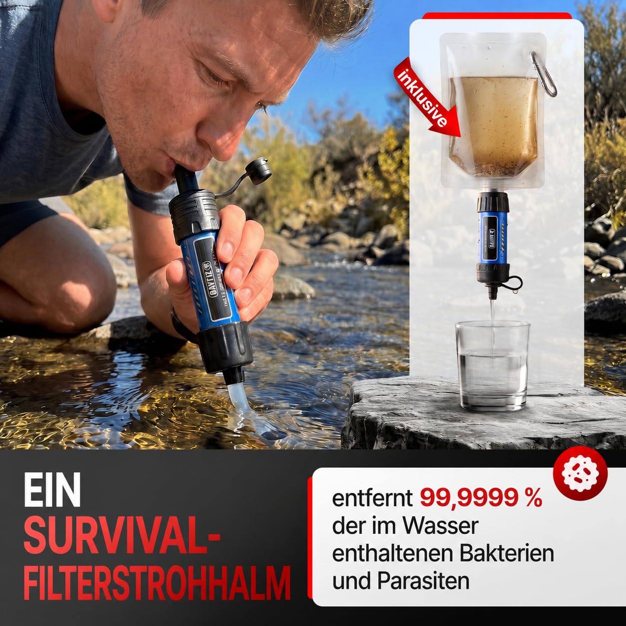WONCROW ® Survival Kit + Erste Hilfe Set - mit Wasserfilter Strohhalm und Outdoor Ausrüstung - Zubehör Camping Wandern Fahhrad Militär Rucksäcke Verbandskasten Auto Gadget Männer Kinder Armband Tasche
