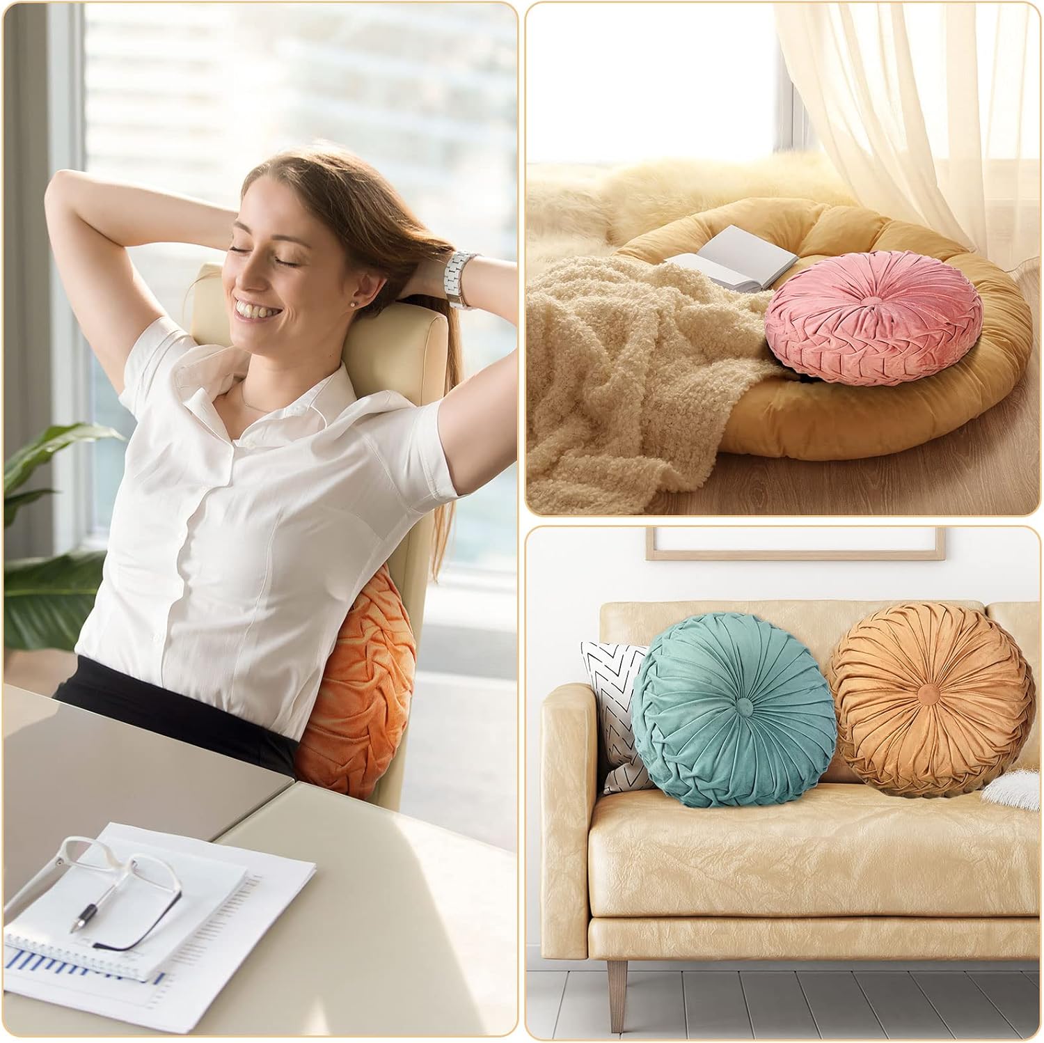 Kathfly Set of 4 Decorative Round Pleated Throw Pillows, Classy Velvet Pumpkin Round Throw Pillows, Decorative Floor Pillow for Bed Chair Home Sofa Decor, 14" Diameter(Colorful) - Image 6