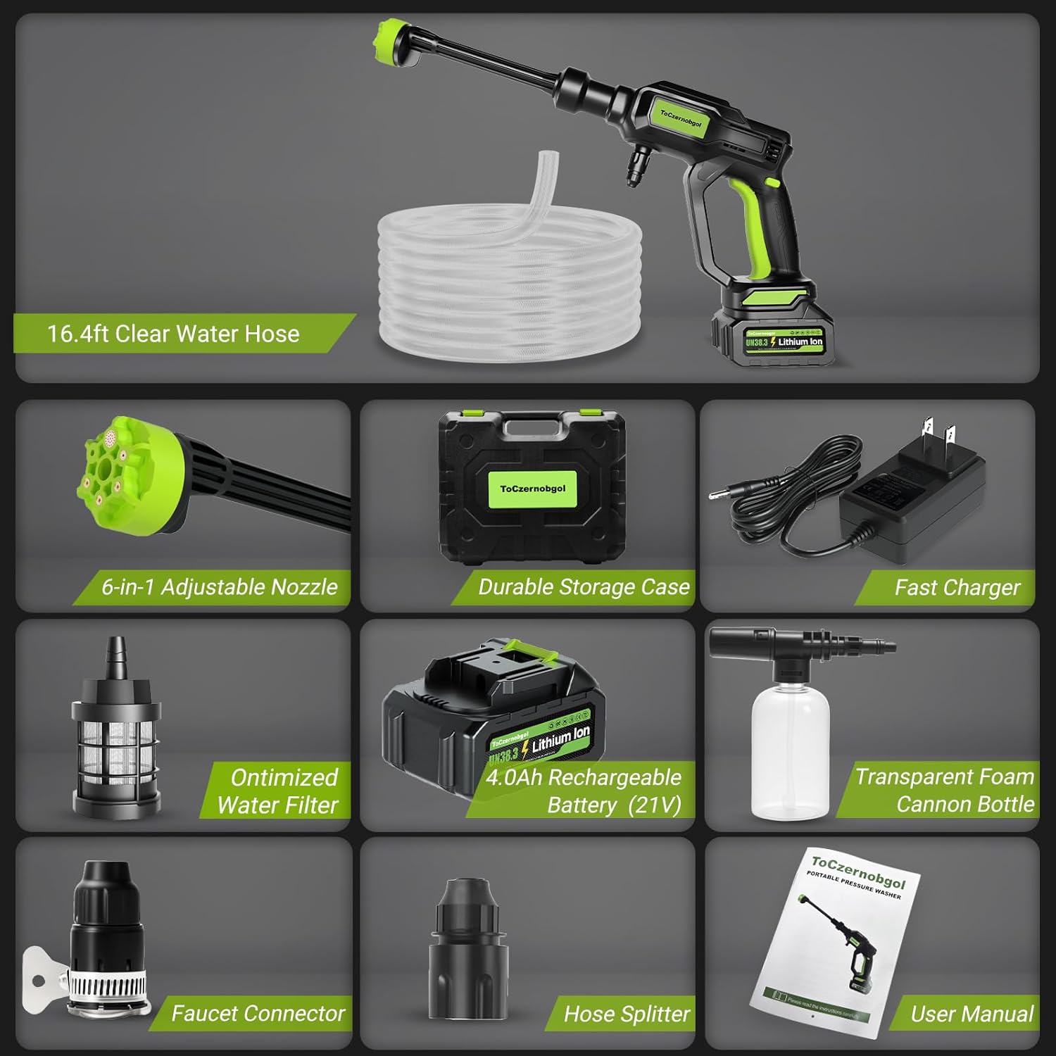 Cordless Portable Pressure Washer, 4.0Ah Battery-Powered Handheld Power Cleaner with 1200 PSI Brushless Motor, 6-in-1 Nozzle & 3-Speed Settings, LCD Display, for Car, Garden, Patio, Fence