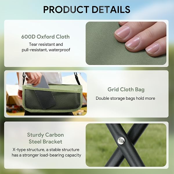 Taburete Plegable Para Mochila, Taburete Ligero Para Acampar con Correa Para el Hombro, Taburete Plegable con Bolsa de Transporte con Cremallera Para Pesca, Viajes, Senderismo, Picnic(Verde,Grande) - 3
