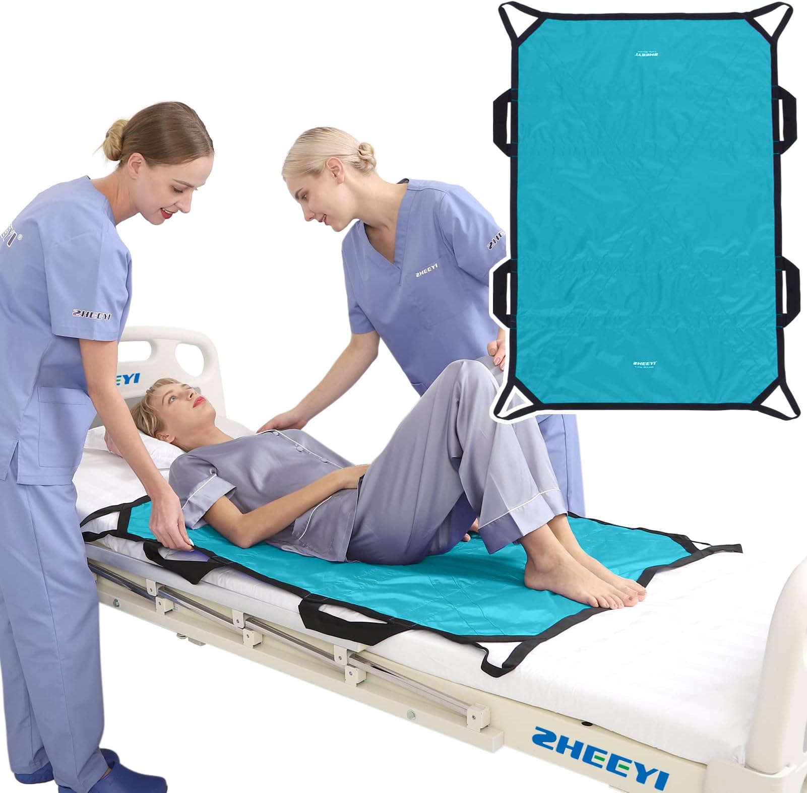 Positioning Bed Pad with Reinforced Handles 48" x 40" Patient Transfer Sheet Aid Assistant for Body Lifting, Turning, Repositioning, for Elderly, Incontinence, Caregiver, Peacock Blue