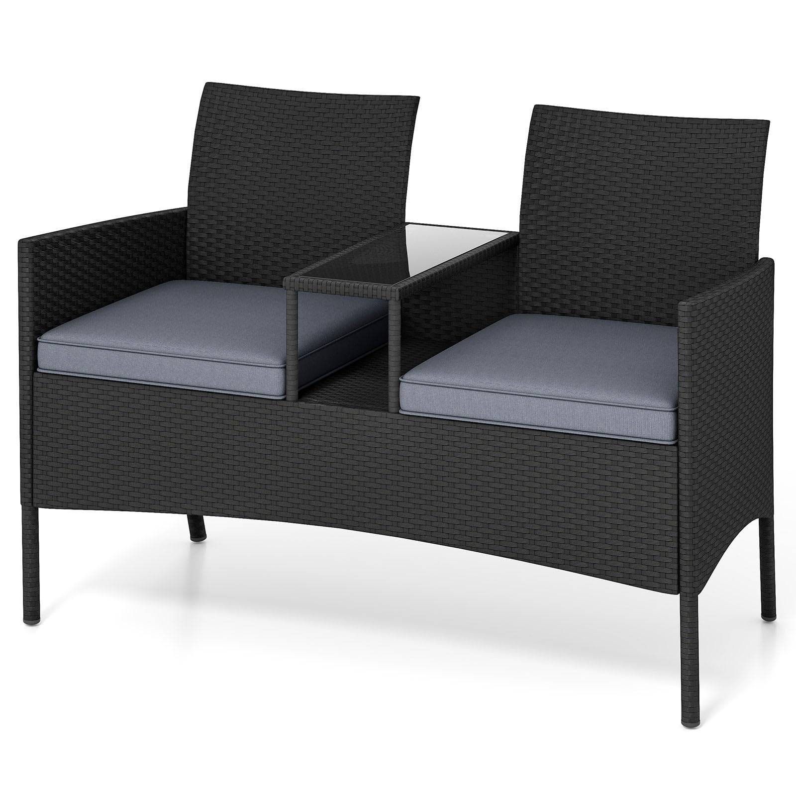 LIFEZEAL Banc Double de Jardin en Rotin PE avec Table en Verre Trempé, Fauteuil de Balcon 2 Personnes avec Coussin, Salon 2 Places avec Coussins, Mobilier de Terrasse, Patio, Charge 360 kg (Gris)