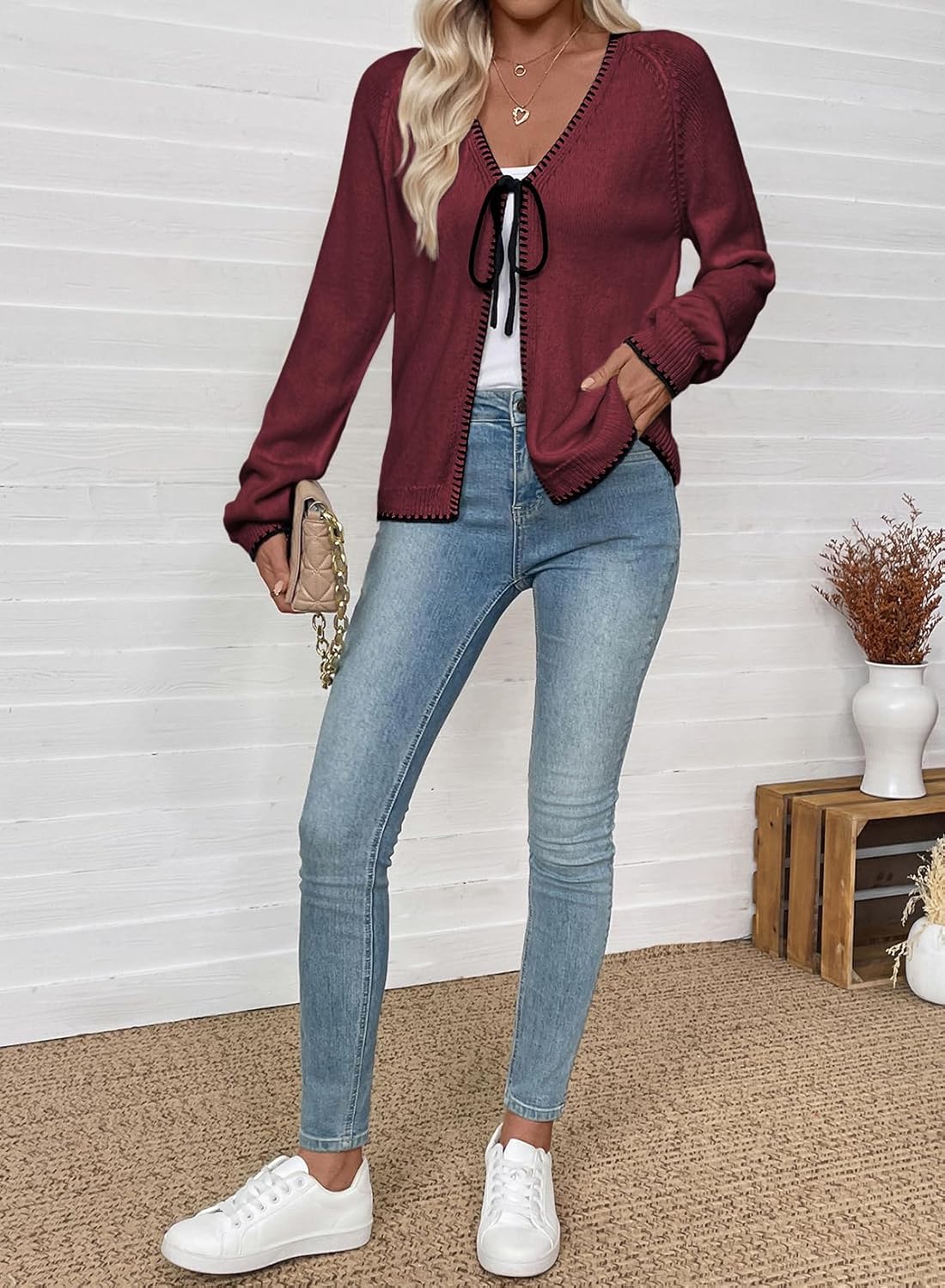 EVALESS Womens Cardigan Sweaters Trendy V Neck Long Sleeve Open Front Bow Tie Knit Chunky Lightweight Fall Outerwear - Image 6