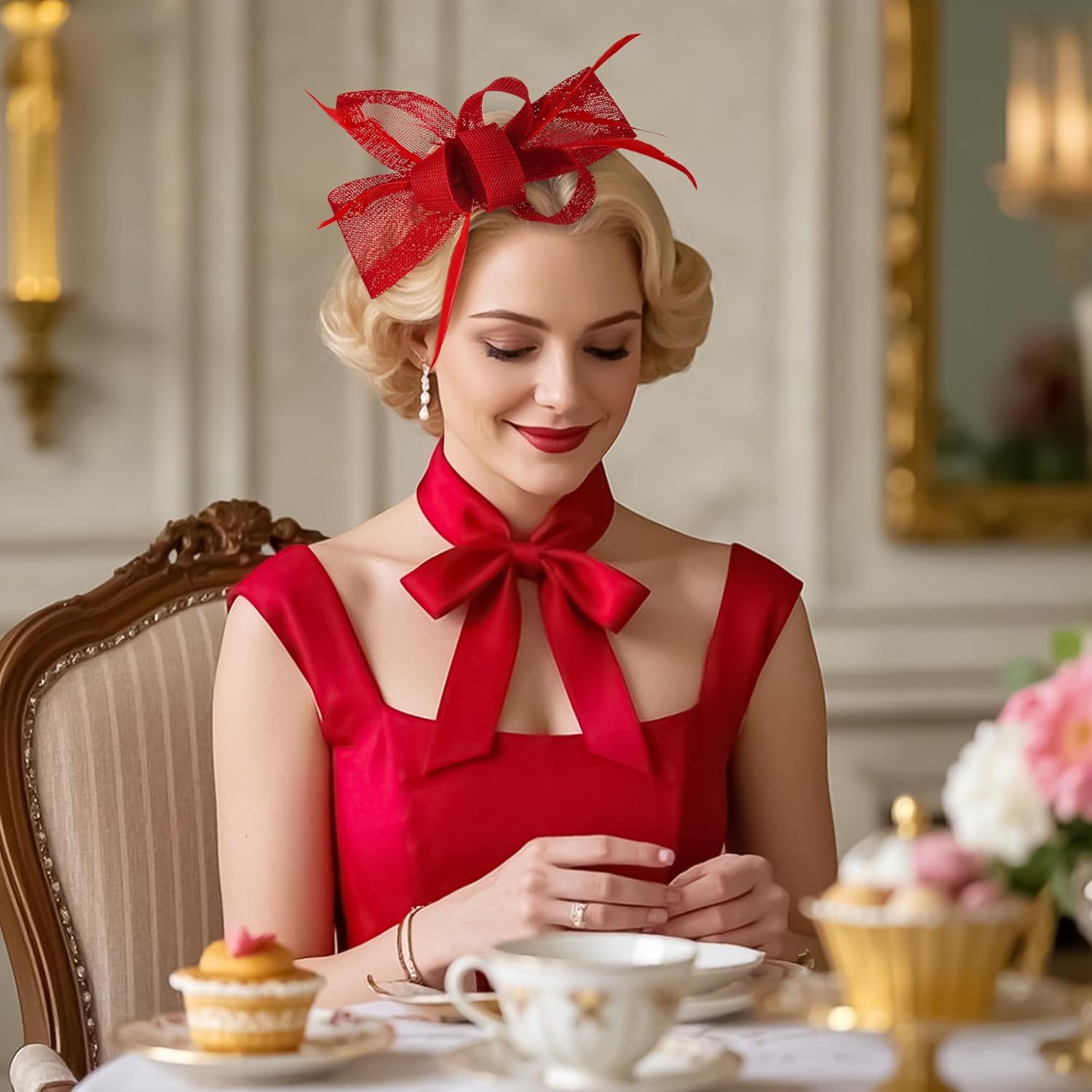 Victoria Tea Party Hat - 2025 Bow Derby Attire Hats with Hairpin,1920s 50s Feather Fascinators for Women - Image 2