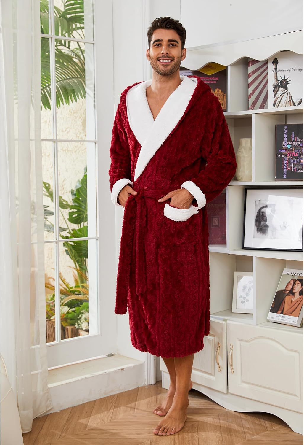 Vulcanodon Mens Robe with Hood,Full Length Plush Robe for Men Thick Fleece Bathrobe