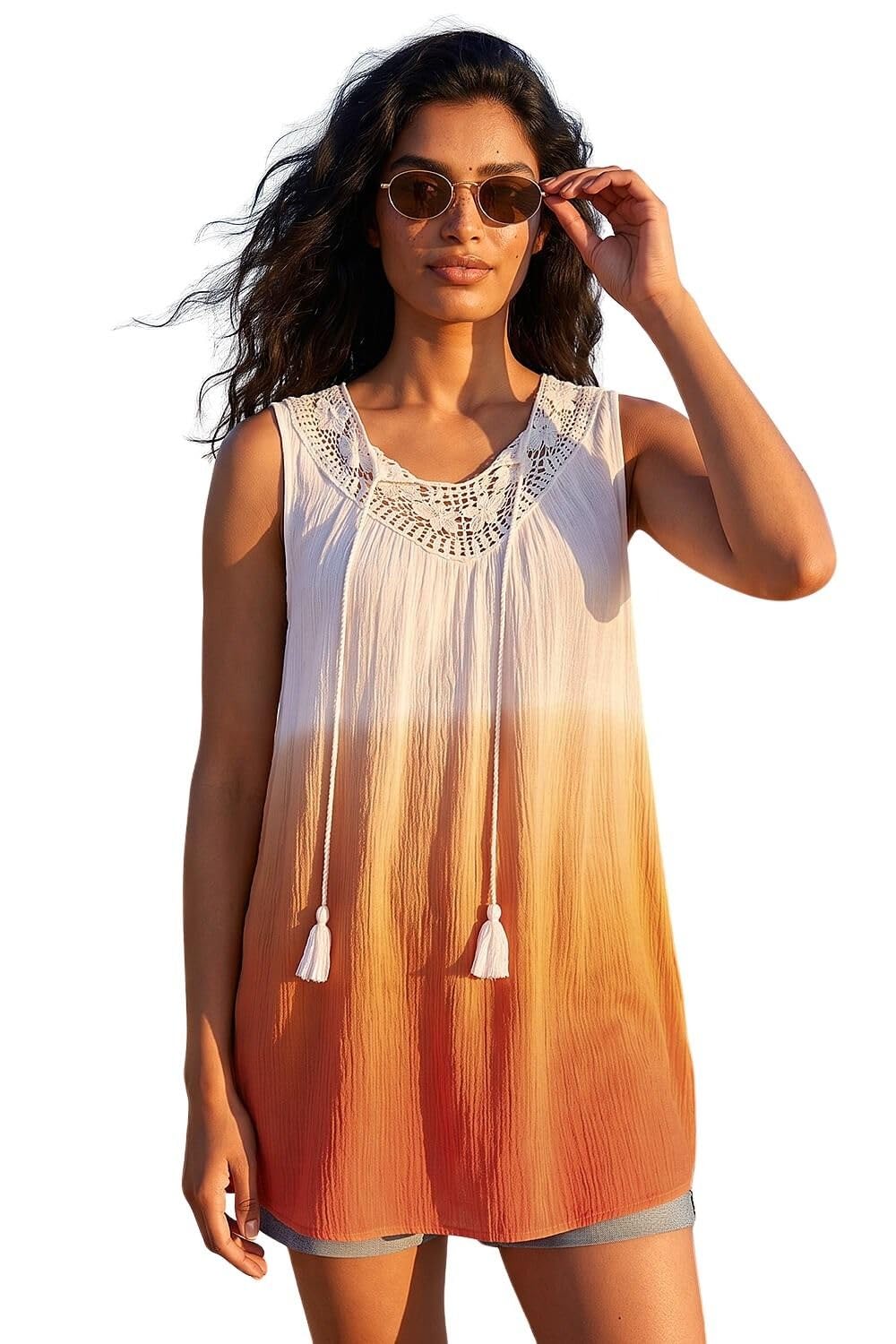 Roman Originals Cotton Lace Detail Ombre Vest Top for Women UK - Ladies Everyday Holiday Spring Summer V-Neckline Comfy Soft Evening Vacation Work Party