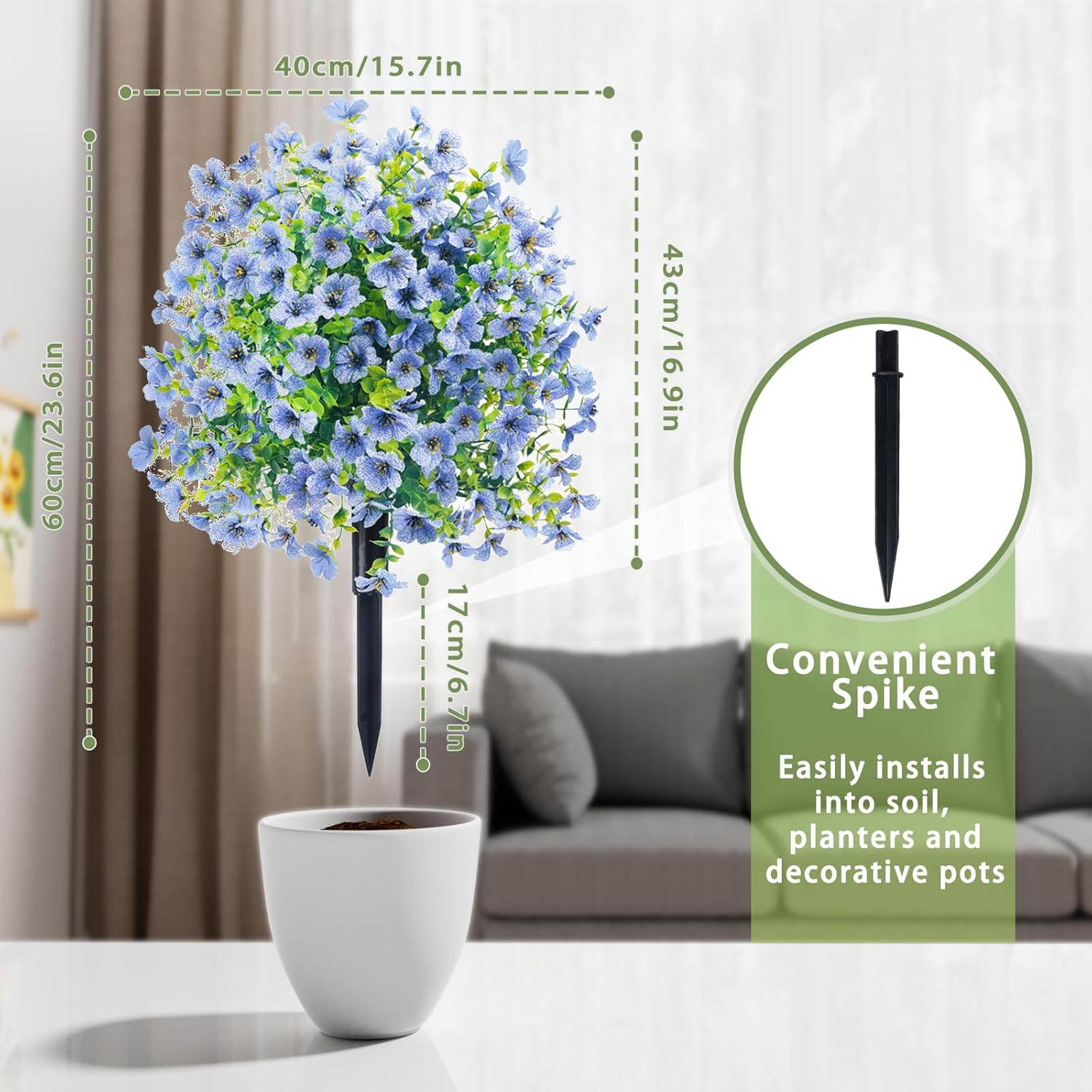 23'' Artificial Violet Ball Topiary Trees with Ground Spikes, 2 Pack UV Resistant Fake Artificial Bushes Plants, Realistic Faux Shrubs Tree for Indoor Outdoor Front Porch Garden Decor, Blue