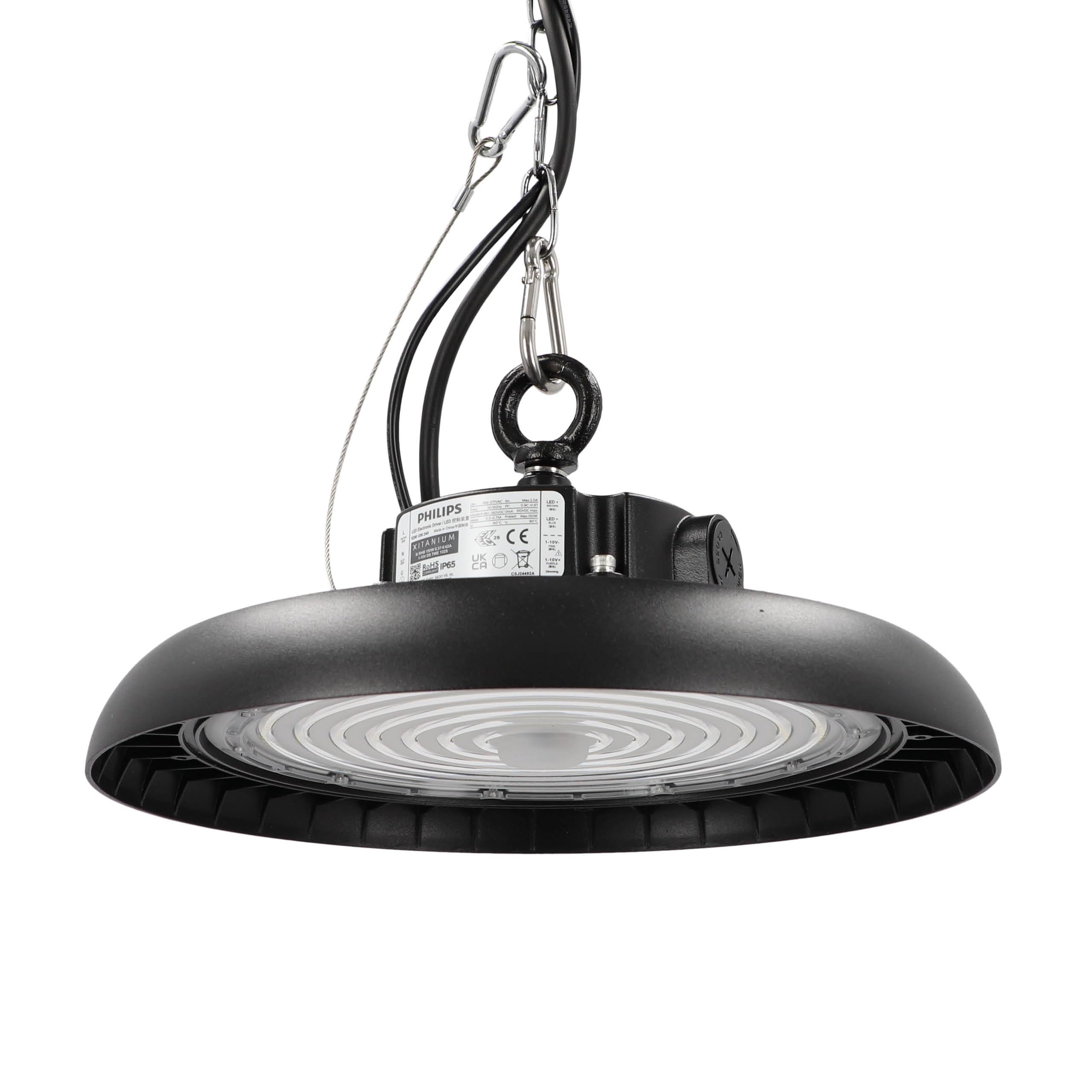 LED High Bay Hallenstrahler 150W mit PREMIUM-Marken-Treiber dimmbar (1-10V) kaltweiß 6000K 31.500lm 210lm/W 90° IP65 Industrielampe Werkstattbeleuchtung Ø300xH110mm 5 Jahre Garantie