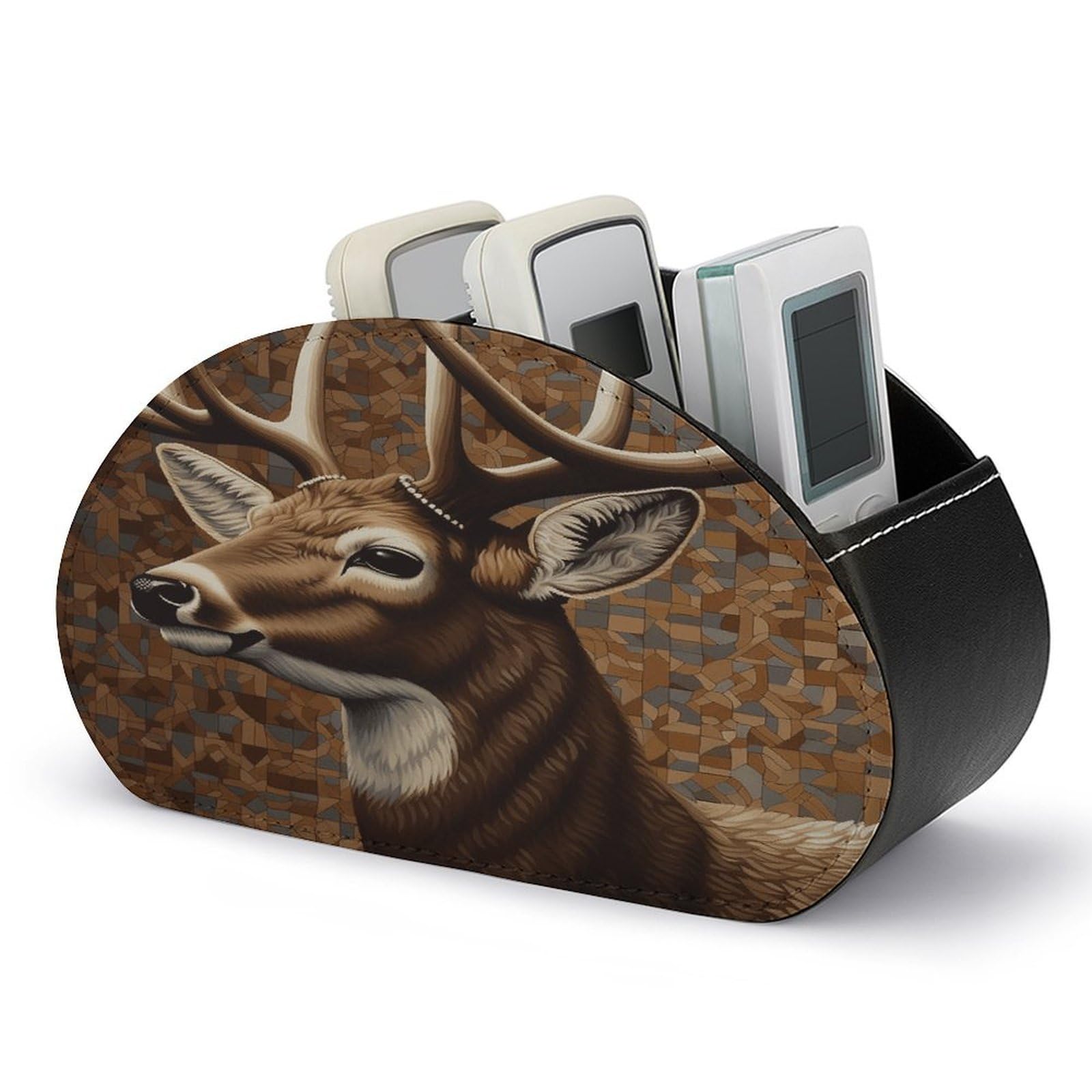 VstaDank Deer on Brown Background Remote Control Holder with 5 Compartments PU Leather TV Remoter Caddy Desktop Organizer TV Remote Holder Remote Box for Media Controllers Office Supplies