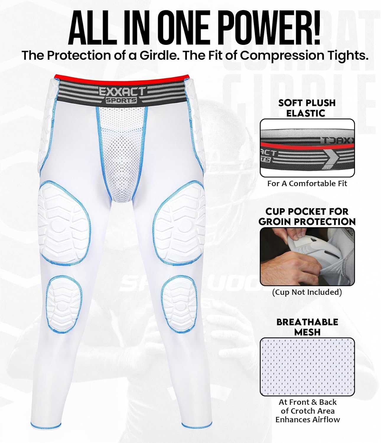 Exxact Sports Combat Men's Padded Compression Leggings, 7-Pad Football Girdle Pants with Cup Pocket, Integrated Hip, Thigh, Knee & Tailbone Protection for Game-Day