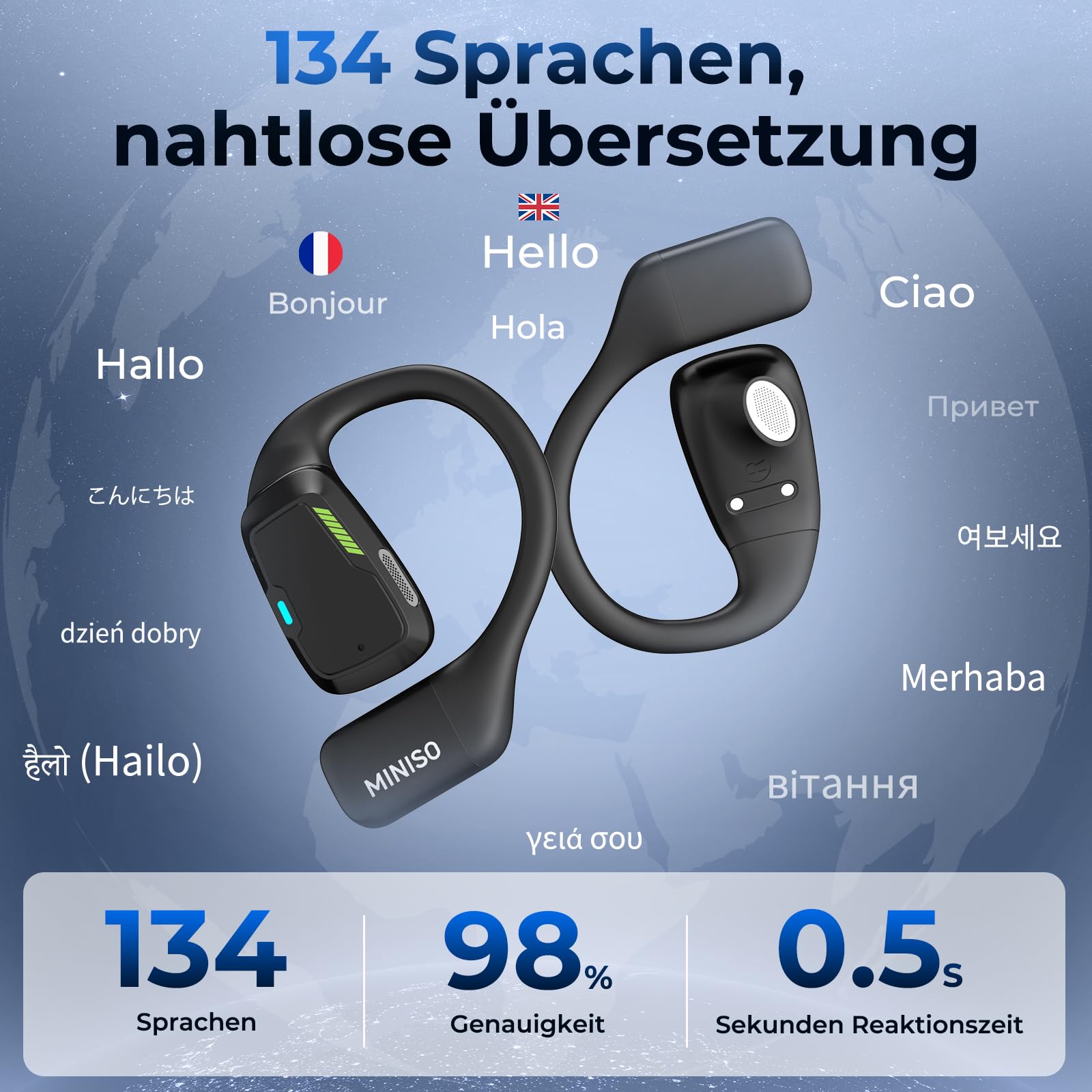 MINISO M98 AI Übersetzer Kopfhörer, 3-in-1 Echtzeit Übersetzungskopfhörer mit App, 134 Sprachen, LCD Touchscreen, Open Ear Ohrhörer
