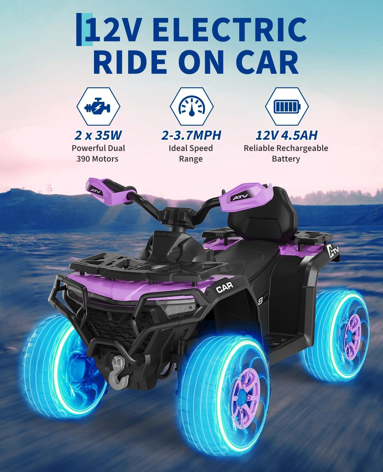 GarveeMore Quad Eléctrico Infantil 12V 4x4 con 2 Motores - Coche Niño Azul Marino con Control Remoto Parental, Suspensión, Faros LED, Música USB para Niños de 3 a 6 Años — view 6