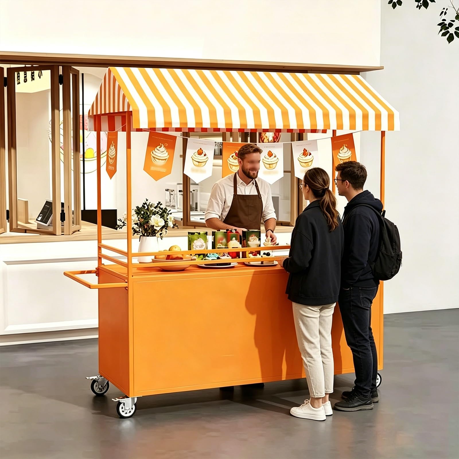GMBAYUE Portable Vendor Cart with Canopy, Mobile Food Cart, Selling Food Booth Shelf, Vending Stand Kiosk Display Trolley, Vendor's Dessert Stall for Market Street Food & Events(Orange)