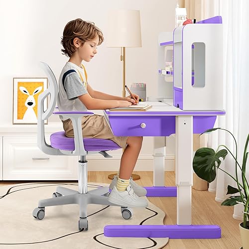 Miniatura 20 de Giantex Silla de escritorio para niños, silla de computadora para niños con ruedas y soporte lumbar en forma de Y, asiento de estudio para niños,