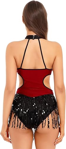 Miniatura 2 de iiniim Leotardo de baile de jazz latino con borlas y lentejuelas brillantes para mujer, traje de baile lírico cruzado en la espalda