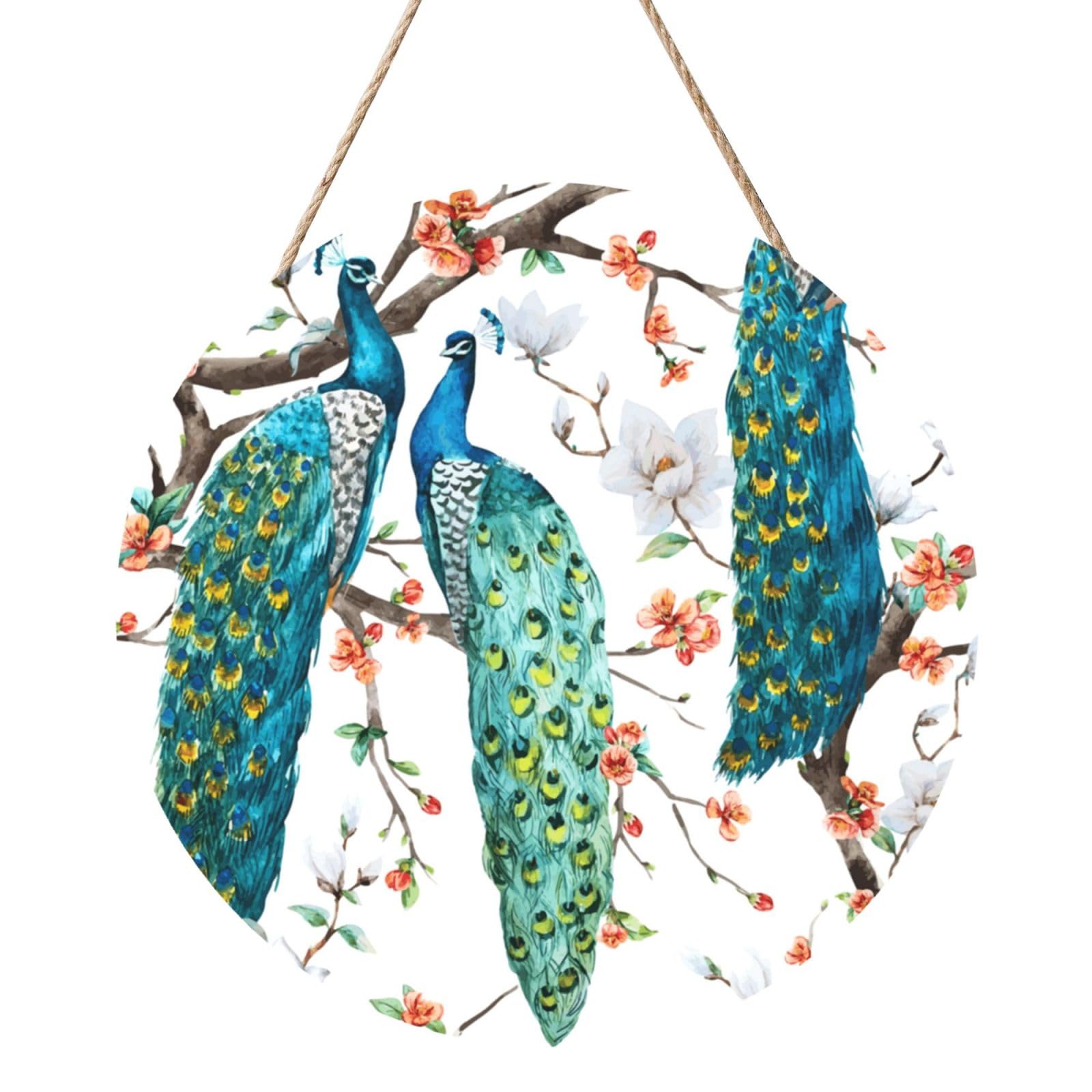 InOmak Beautiful Peacock Flowers Print, Round Wood Panel Painting 12 in, Wall Hanging Painting For Home