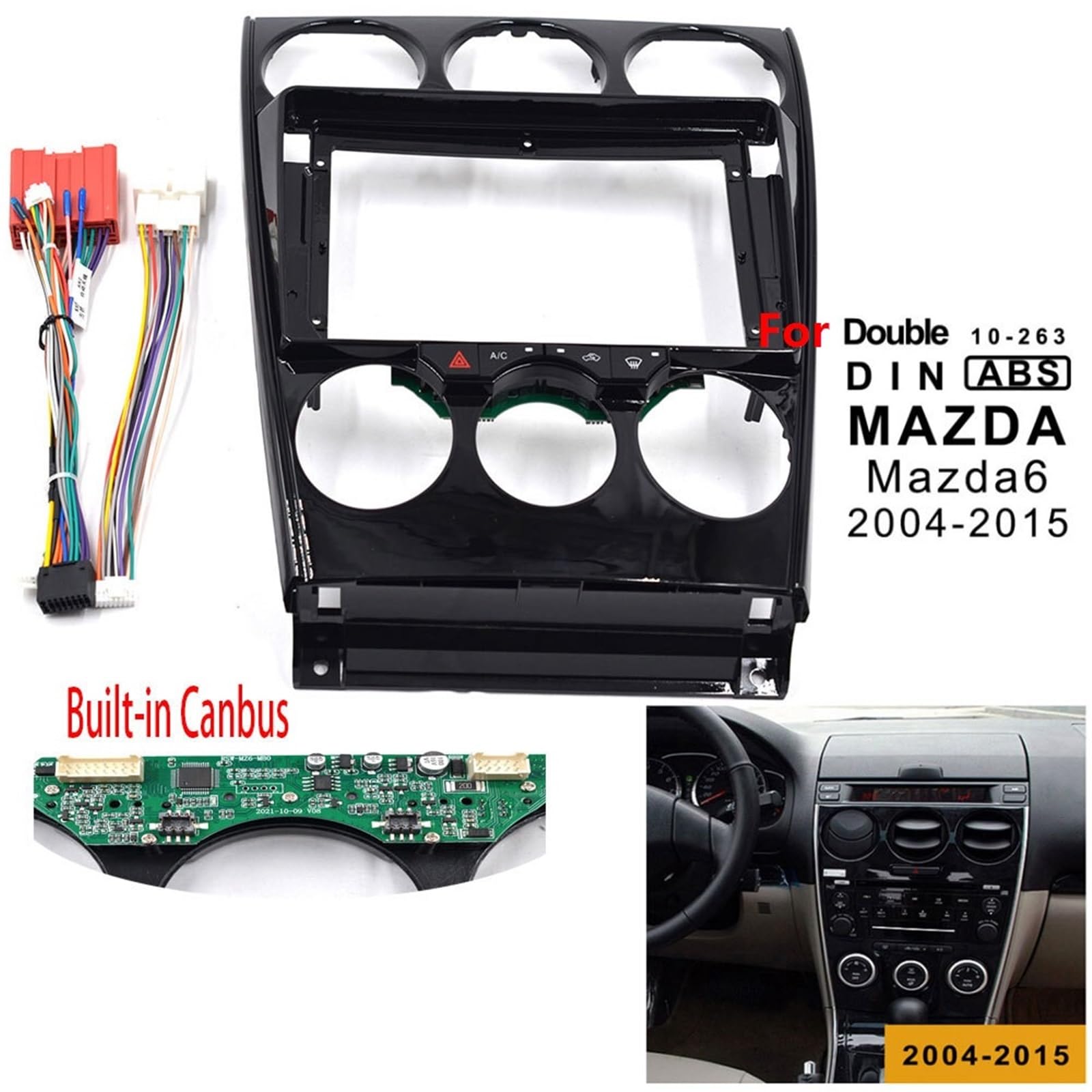 Montaje Autoradio Marco Panel estéreo Compatible con Mazda 6 2004-2015 de 9 Pulgadas Marco Coche, Doble DIN, CANbus Integrado y Cable alimentación