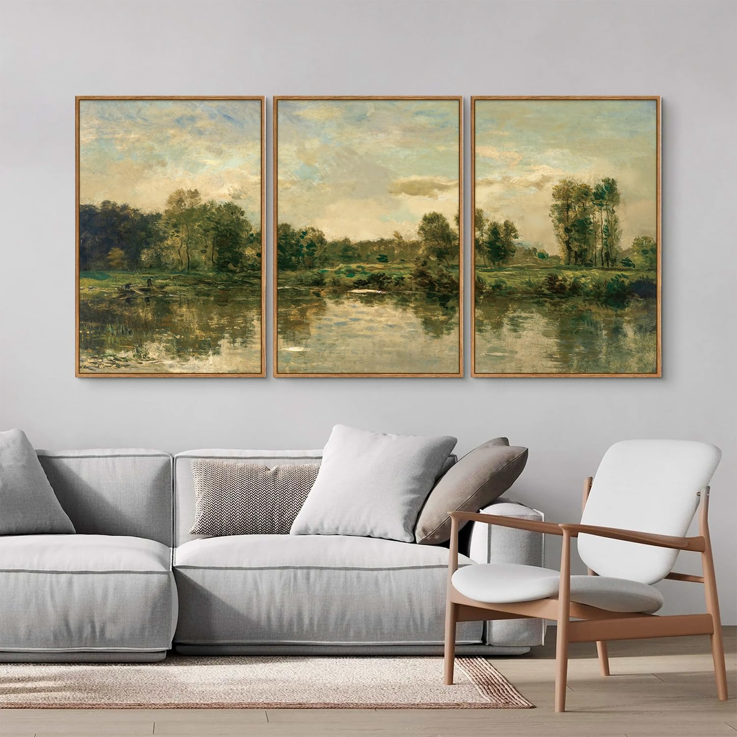 Tinonedraw Vintage Landscape Framed Canvas Wall Art Set of 3, French Country Art Prints, Nature Green Trees and Lake Art Paintings, Rustic Aesthetic Wall Decor for Living Room Bedroom Office 16x24x3
