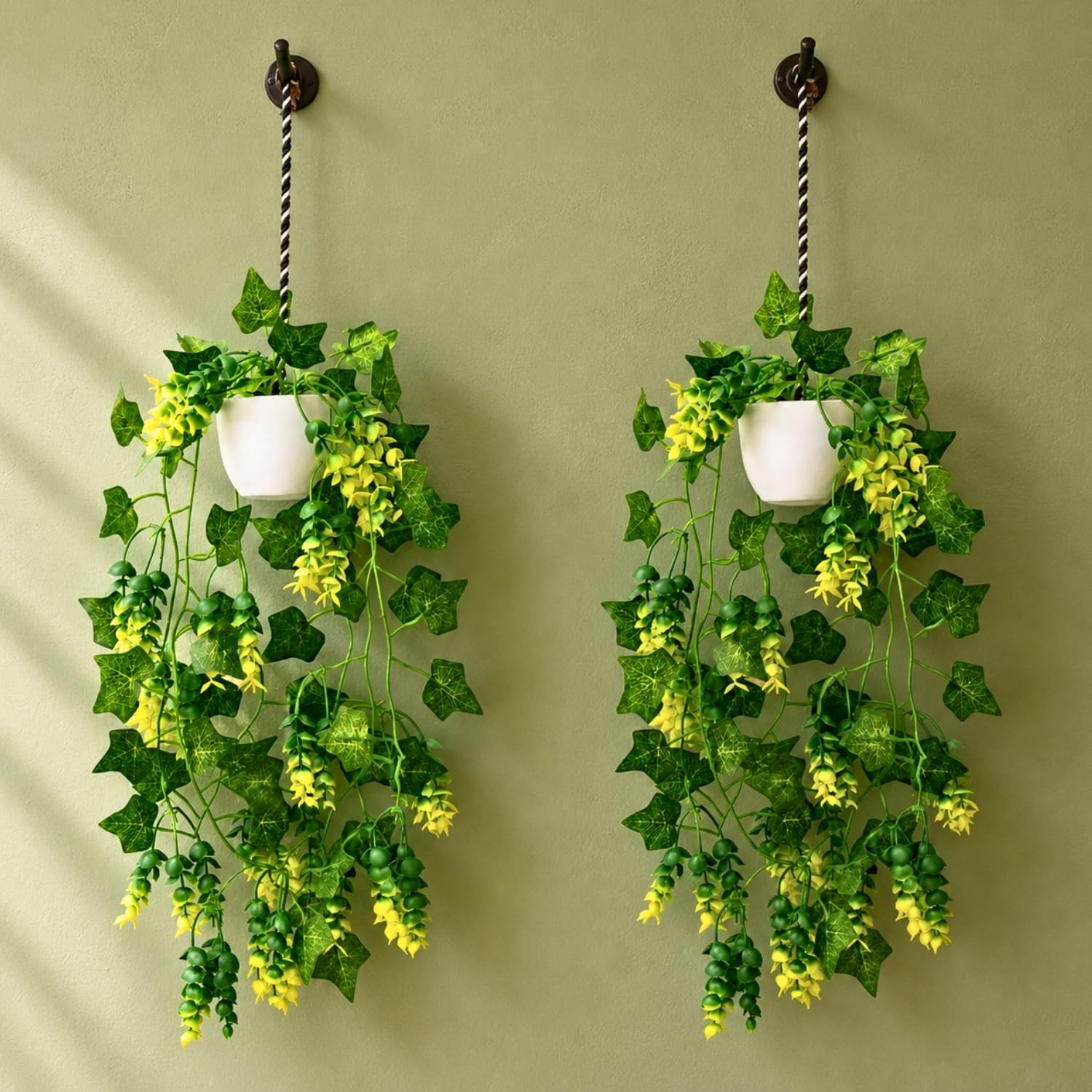 fancymart Artificial Hanging Ivy Plant with White Hanging Pot & Rope, 60 cm Height, Pack of 2, Realistic Green Leaf Creeper for Home, Office, Living Room & Wall Décor-image-45