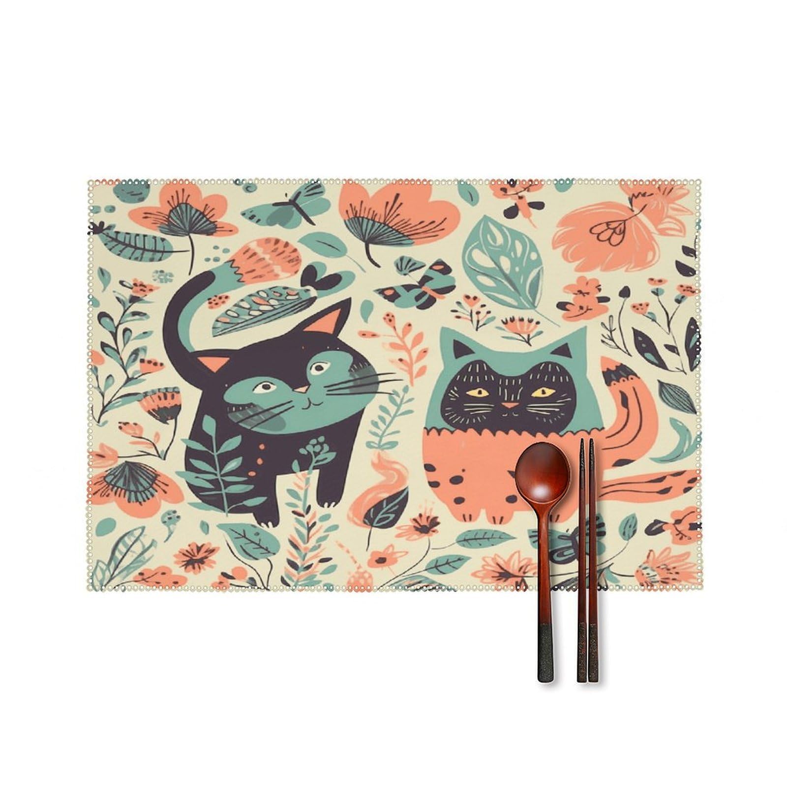 Fekiloot Style Funny Cats Birds And Flowers Placemats Set Of 6,Table Mat