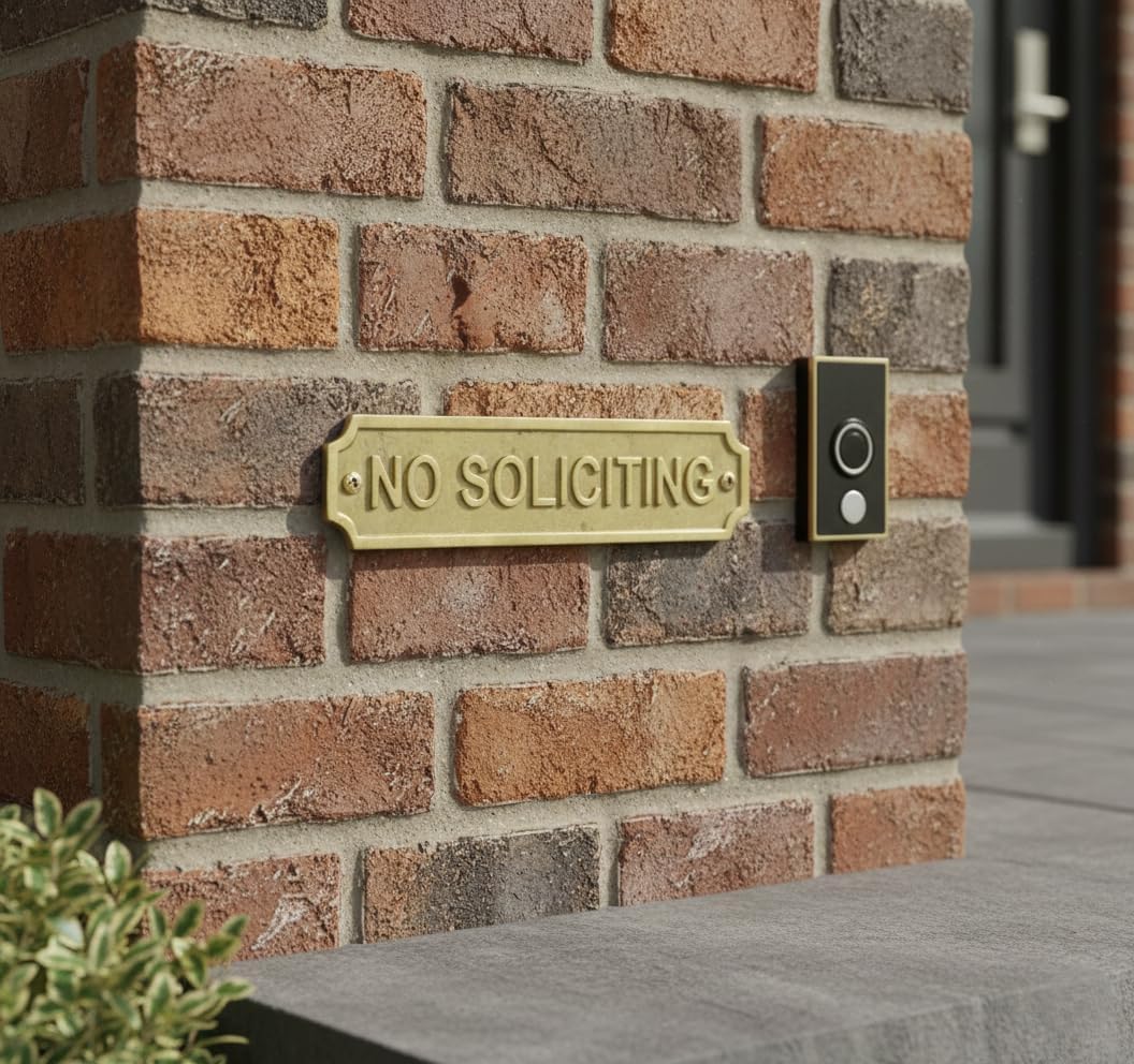Brass NO SOLICITING Door Sign Plaque 22x5 cm – Wall Mount Entryway Sign with Screws for Home Office Business Front Door Privacy Notice Decorative Metal Signage