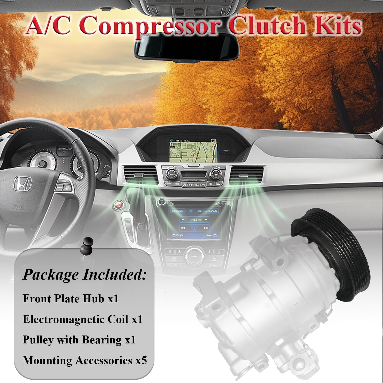 A/C Compressor Clutch Assembly Kit Plate Pulley Bearing Coil CO10736C Replacement for Honda Odyssey 2008-2017, AC Air Conditioning Compressor Clutch Coil Auto Repair Kit