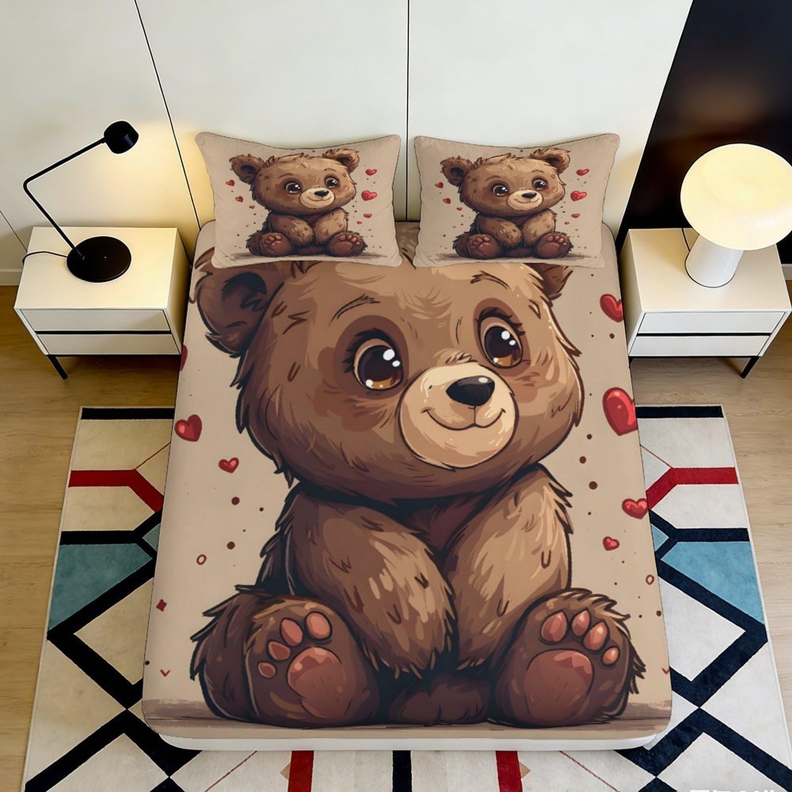 3D Printed Cute Brown Bear Fitted Sheet Microfiber Soft Decorative Cartoon Animal Bed Cover for Bedroom Guest Room 90x200x25cm