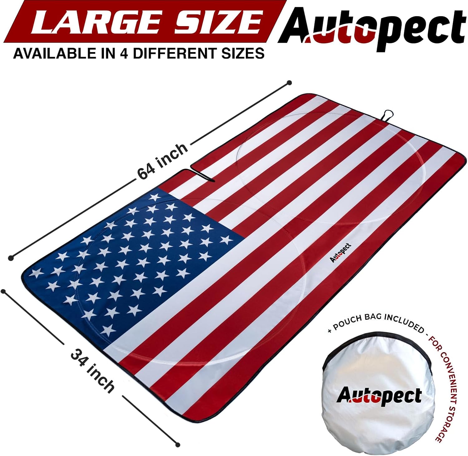 Autopect Windshield Sun Shade - American Flag Design, High-Resolution Sun Visor for Car, Truck, SUV with Mirror Cut-Out for Interior Sun Protection, Foldable Car Sun Shade (Original, Large)