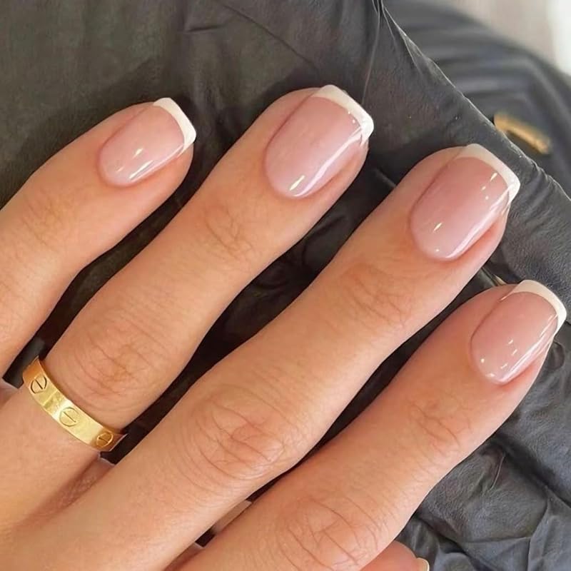 Extra Short Press on Nails, French Tips Squoval Fake Nails | Reusable Nail Kit with Nail Glue Adhesive Tabs Mini Nail File, Nails Press Ons 32Pcs 16 Sizes, White, Summer Women Girl Gift