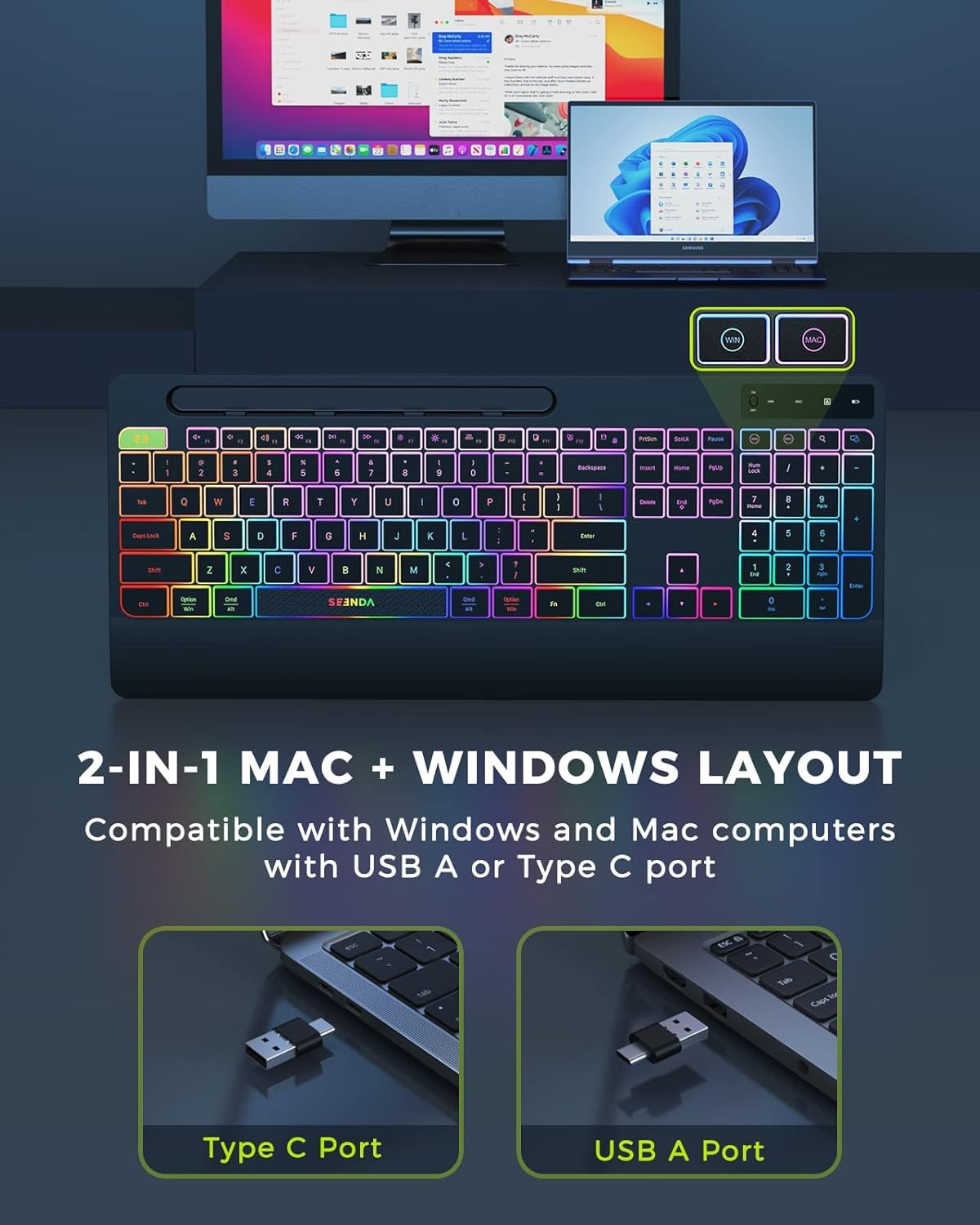seenda Tastiera wireless 2.4G e mouse Combo con retroilluminazione arcobaleno, tastiera ricaricabile e mouse set UK layout full size con 2 in 1 USB C e USB A Dongle e Wirst Rest, nero