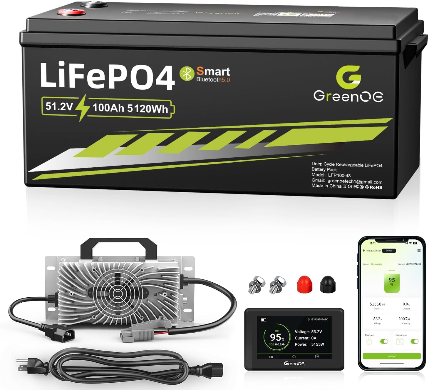 48V 100Ah LiFePO4 Lithium Golf Cart Battery with Charger,Built in 200A BMS,LCD Display & App,Max 10.24kW Power Output,Bluetooth,1000A Peak Current,10000 Rechargeable Cycles