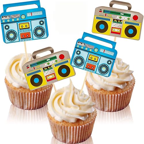 Miniatura 4 de Morndew 24 piezas de radio Boom Box Cupcake Toppers para fiesta nostálgica de música temática de los años 70, 80, 90, hip hop, fiesta de cumpleaños,