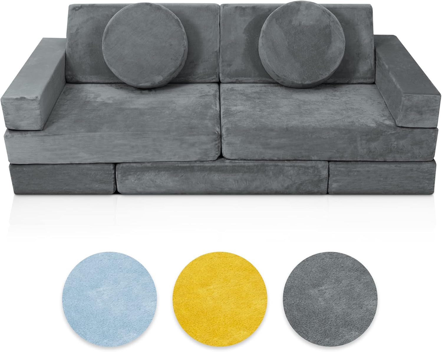 Lunix LX15 Modular Kids Couch 14pcs – Blue + Replacement Gray Cover – Convertible Play Sofa for Toddlers & Kids – Washable, Soft Foam for Climbing, Building & Resting – Bundle and Save 10%