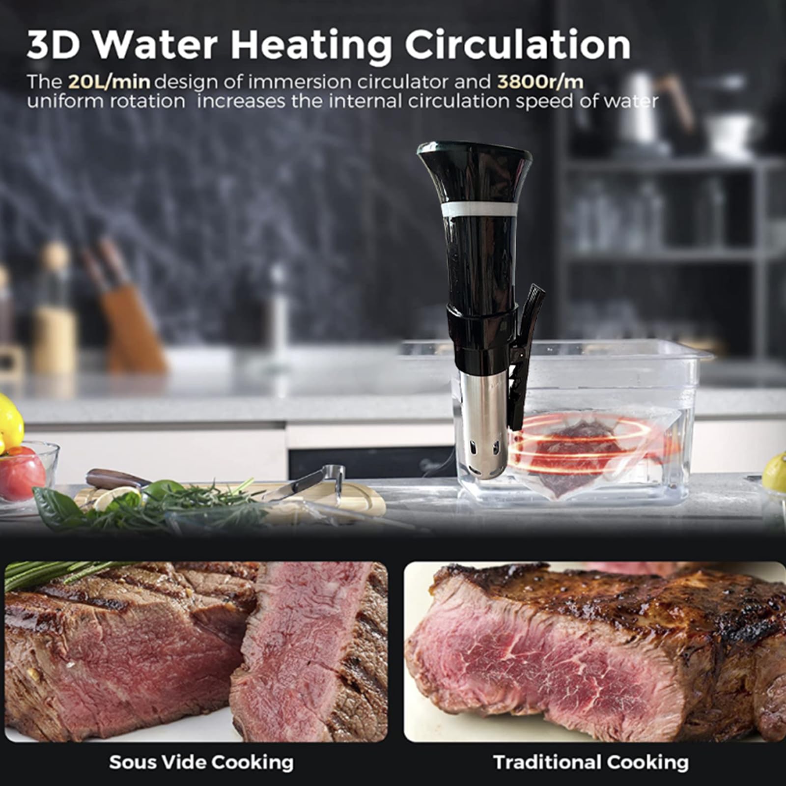 Cocina Sous Vide, circulador de inmersión térmica de 1100 W, máquina de precisión Sous Vide, calentamiento rápido con control de pantalla digital de temperatura y tiempo de receta, cocina precisa