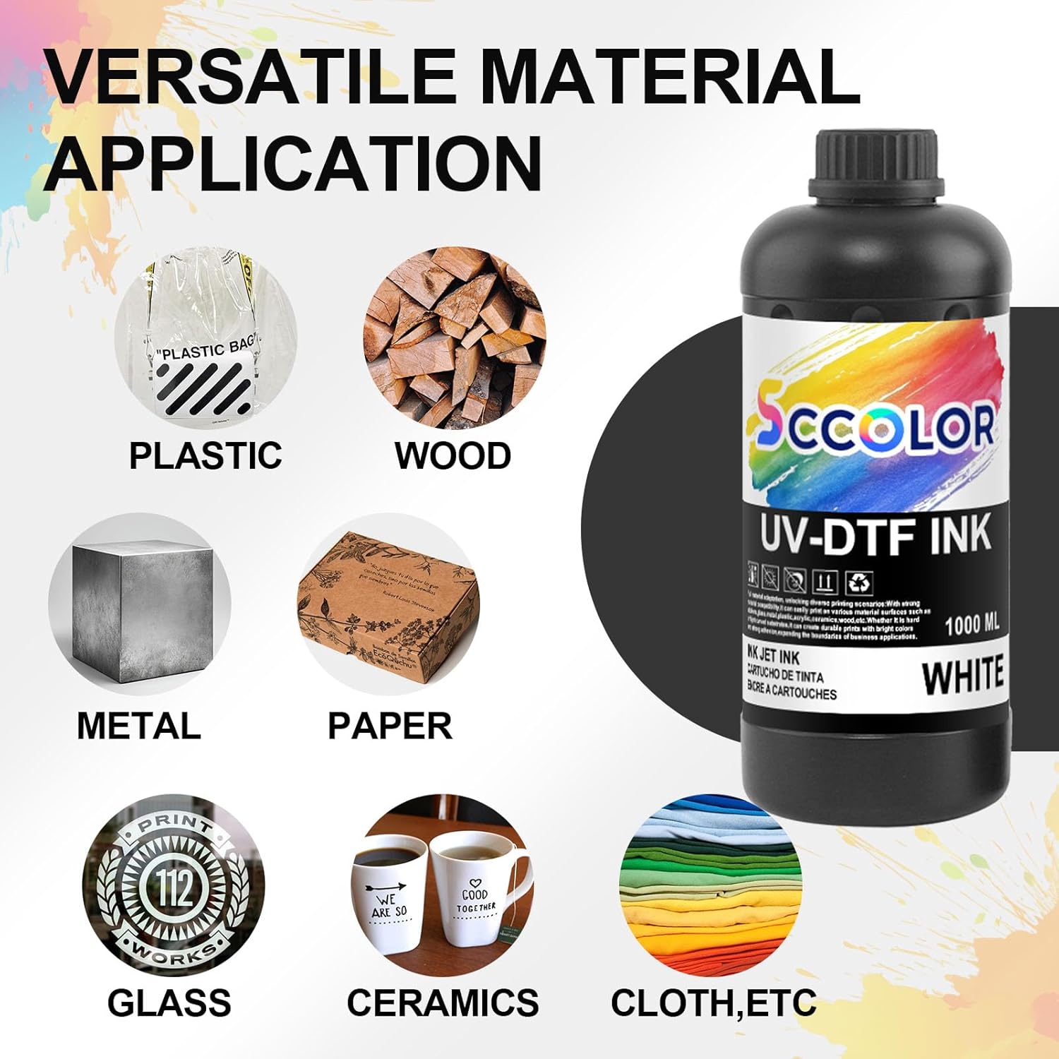 UV DTF Ink 500ML for Printer Printing on A B Films for i3200,i1600,L805,1390,DX4,DX5,DX6,DX7,DX10,TX800,XP600 UV Sticker Printer(500ML 2 White,1 Black,1 Cyan,1 Magenta,1 Yellow)