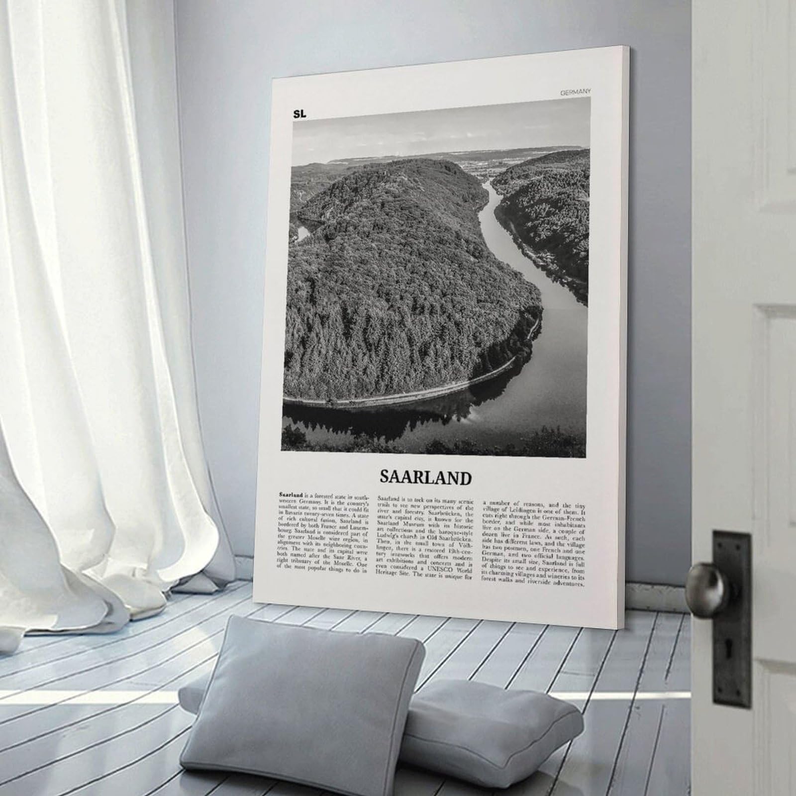 LZTEN Saarro-Kunstdruck, Schwarz und Weiß, Saar, Landkarte des Saarlandes, Deutschland auf Leinwand, gerahmt, 50,8 x 76,2 cm